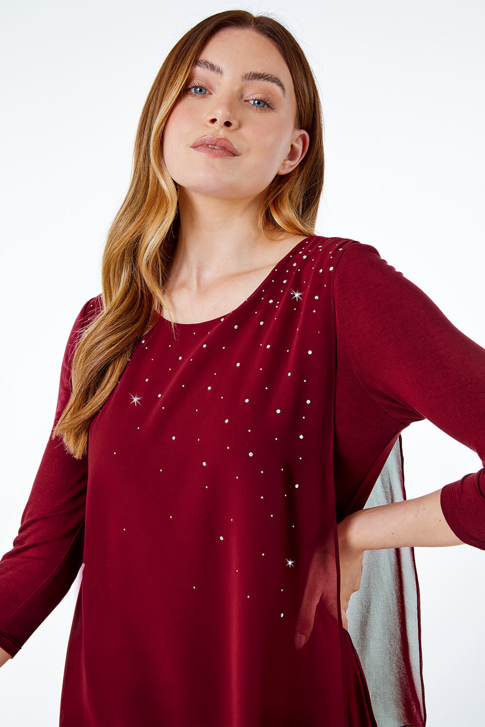 Wine Embellished Chiffon Overlay Top, Image 5 of 5