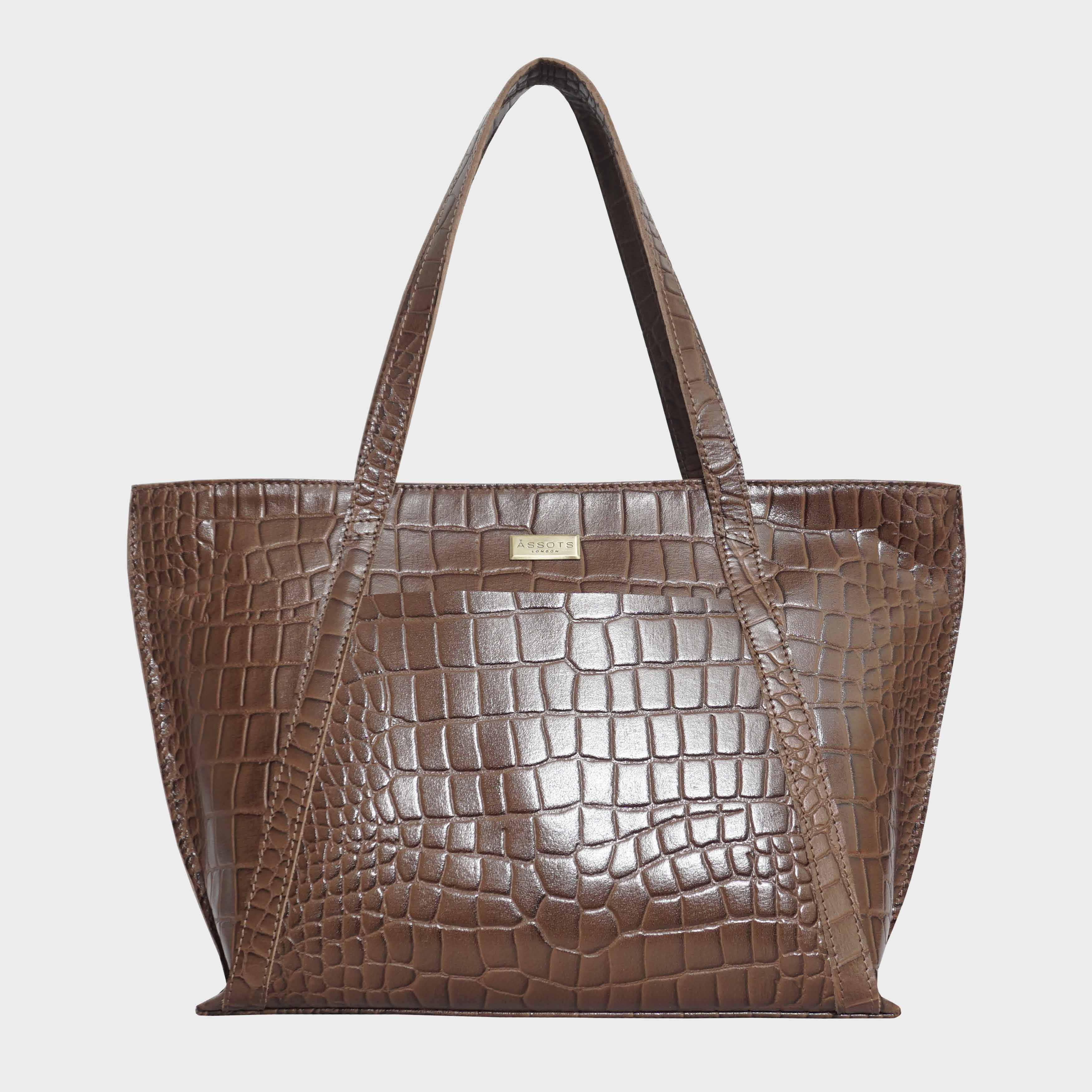 Tan 'AGNES' Croc Embossed Real Leather Designer Tote Bag, Image 1 of 6