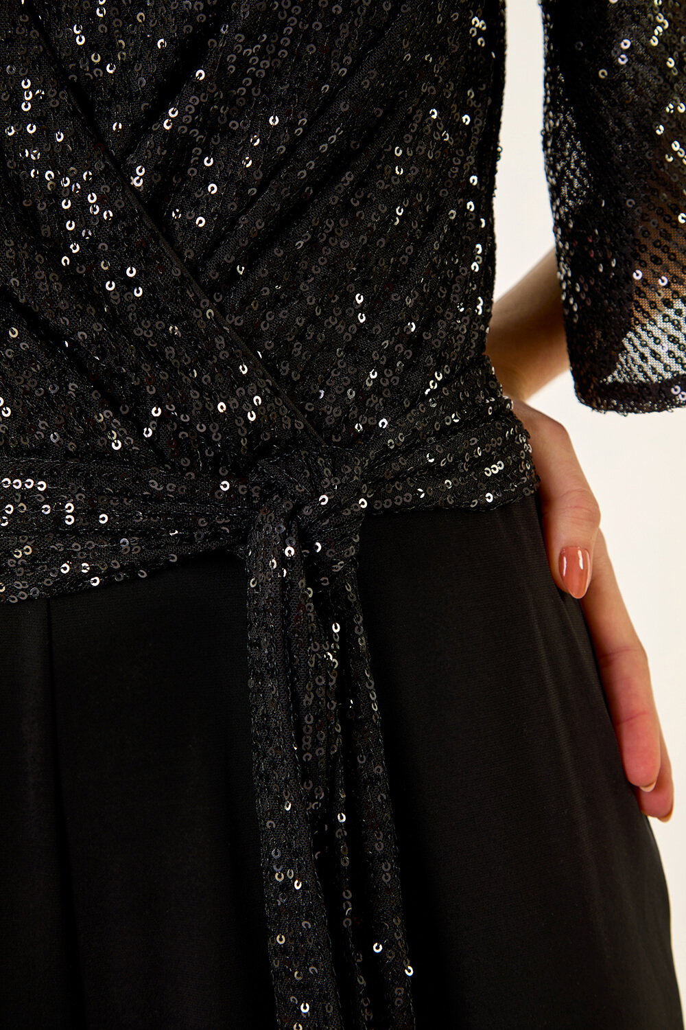 Black Sequin Flutter Sleeve Stretch Jumpsuit, Image 6 of 5
