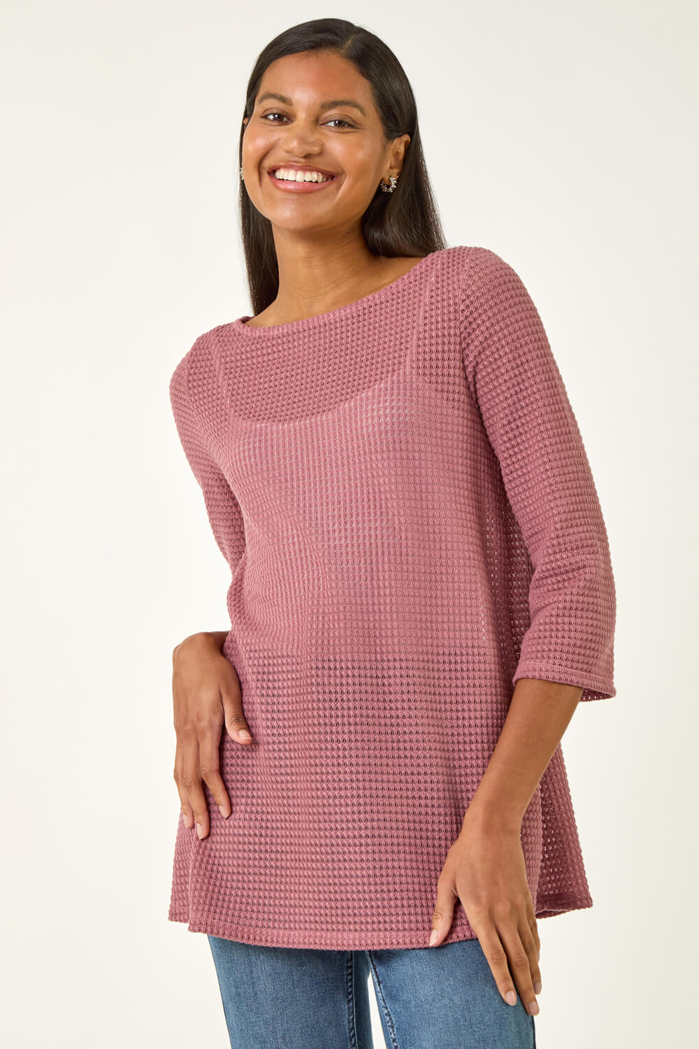 PINK Crochet Knit Tunic Stretch Top, Image 3 of 5