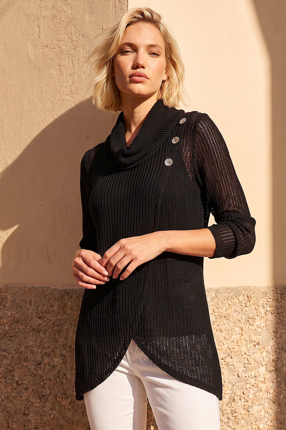 Black Snit Textured Buttoned Top, Image 1 of 4