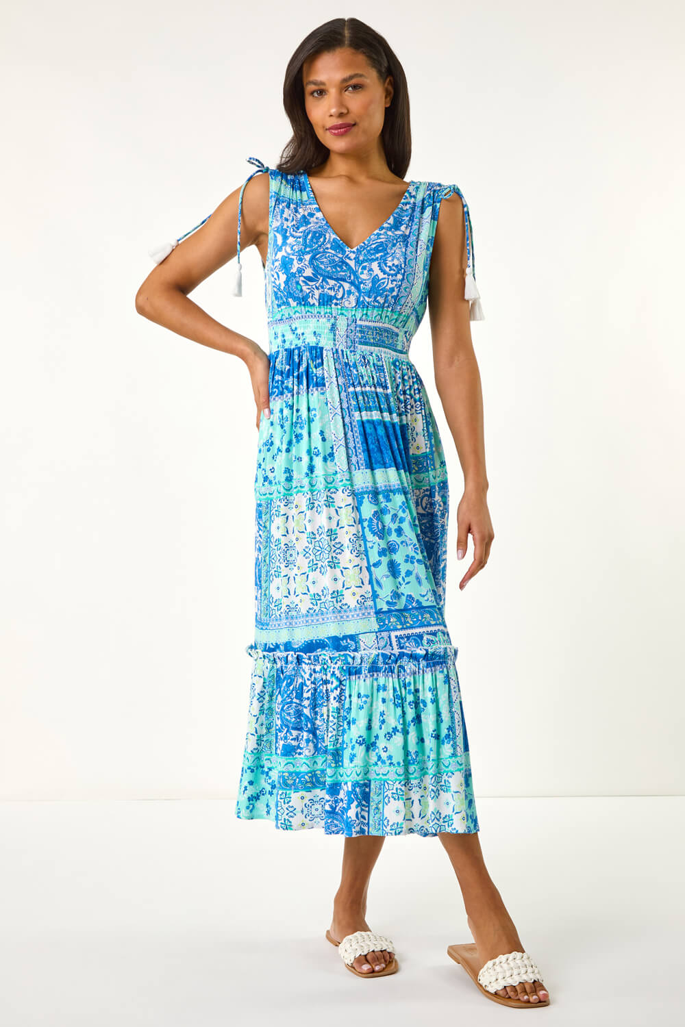 Light Blue Patchwork Shimmer Maxi Dress, Image 3 of 5
