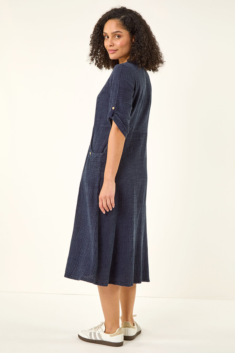 Denim Textured A-Line Midi Dress, Image 1 of 5