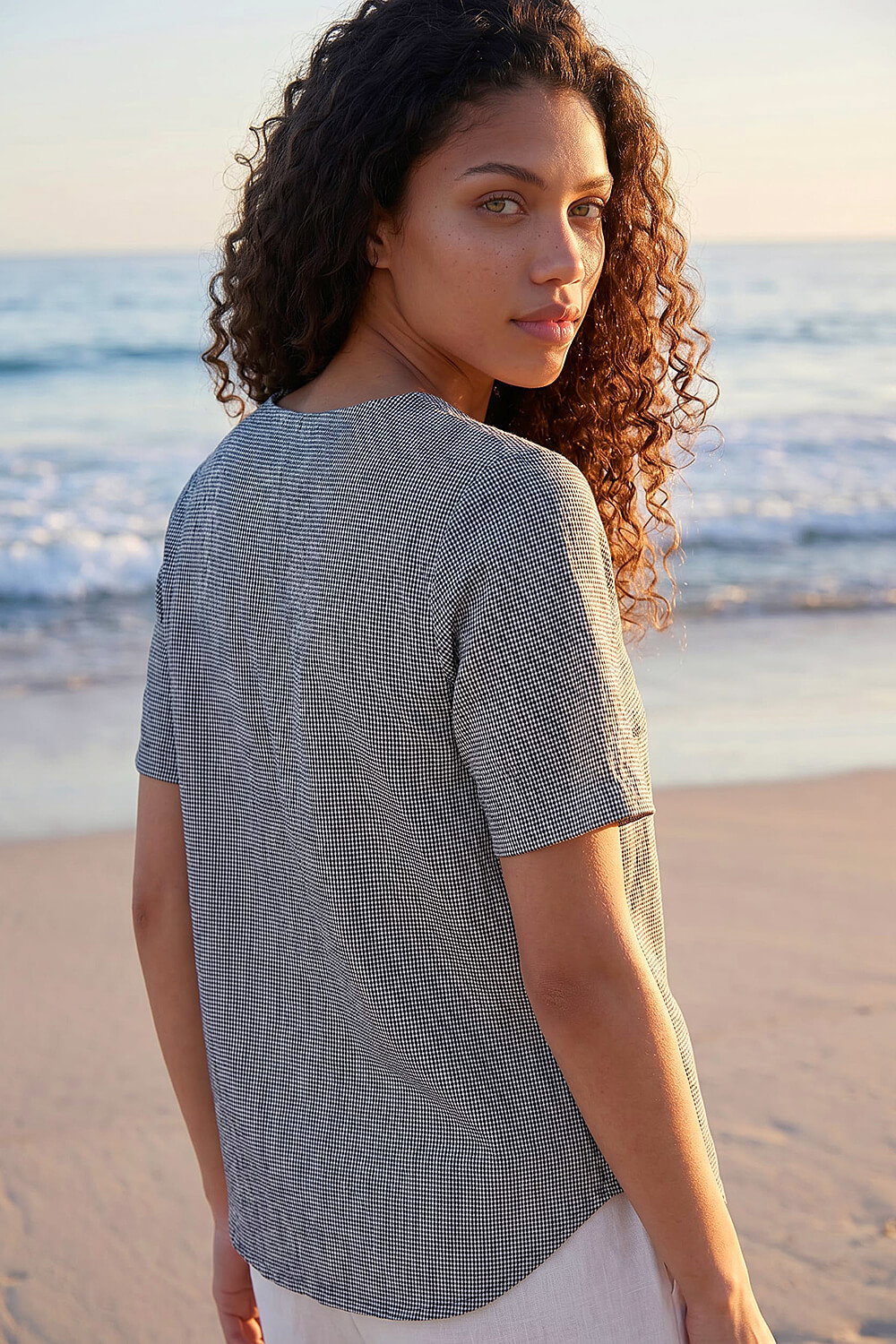 Navy Petite Gingham Buttoned Top, Image 4 of 4