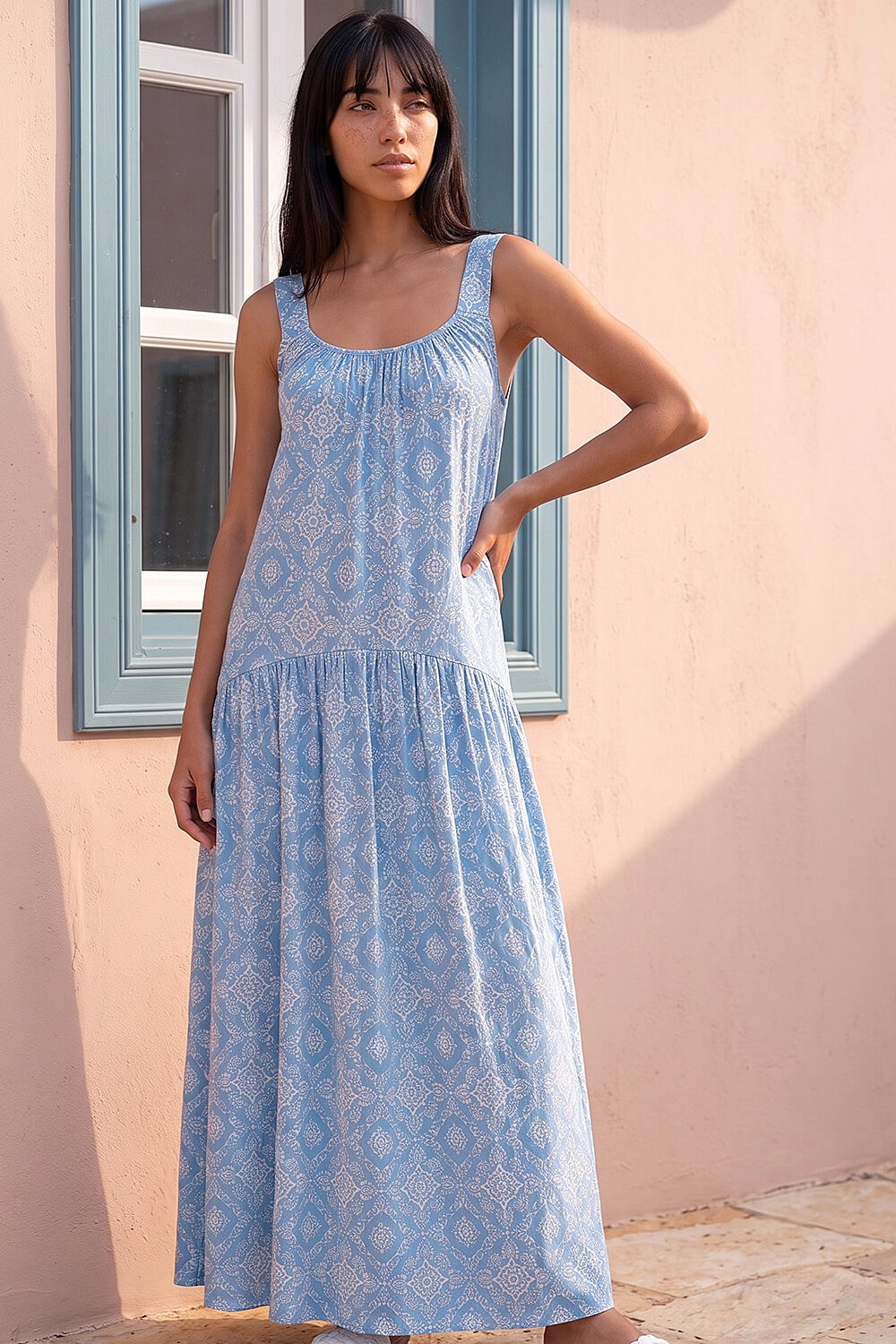 Roman Petite Women's Blue Tile Print Gathered Dress Size 16