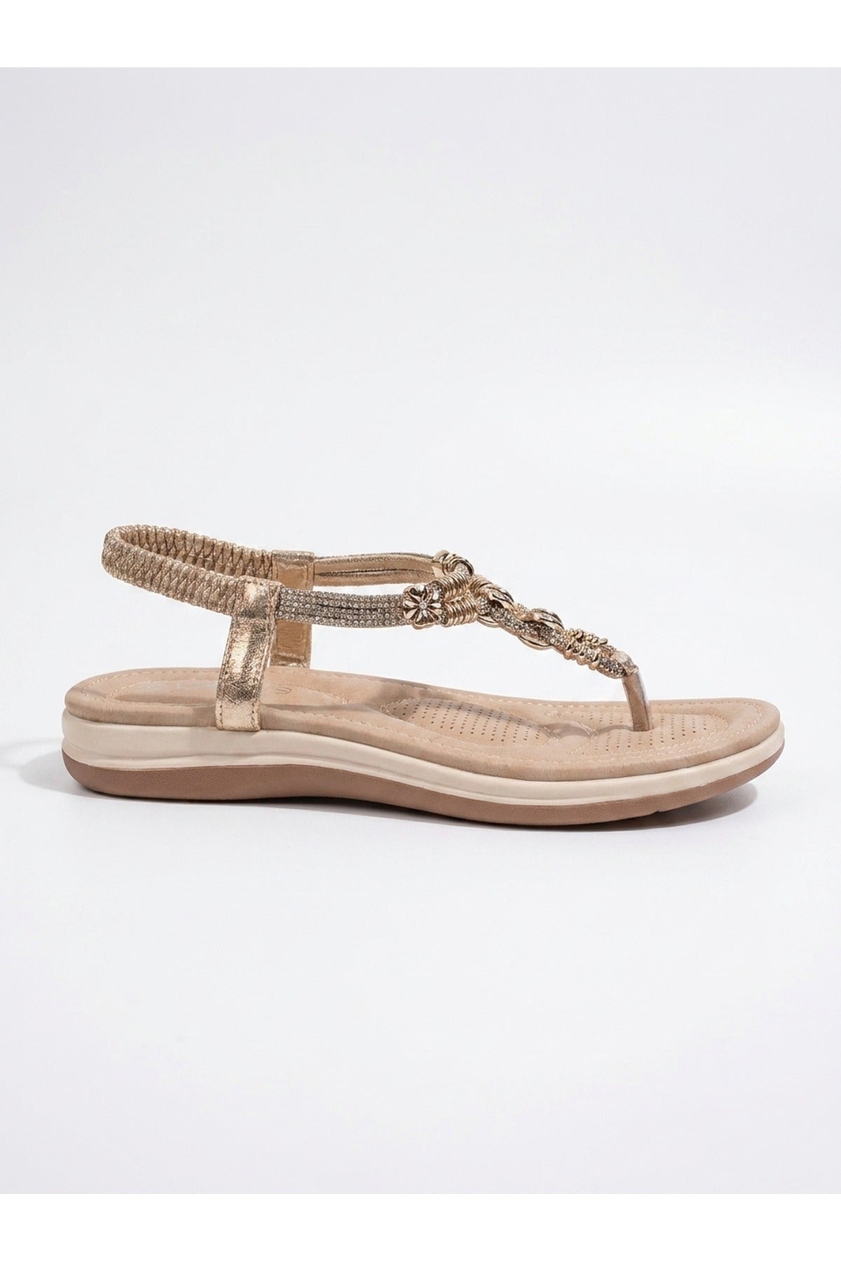 Metallic Pearl Embellished T Bar Flat Sandals