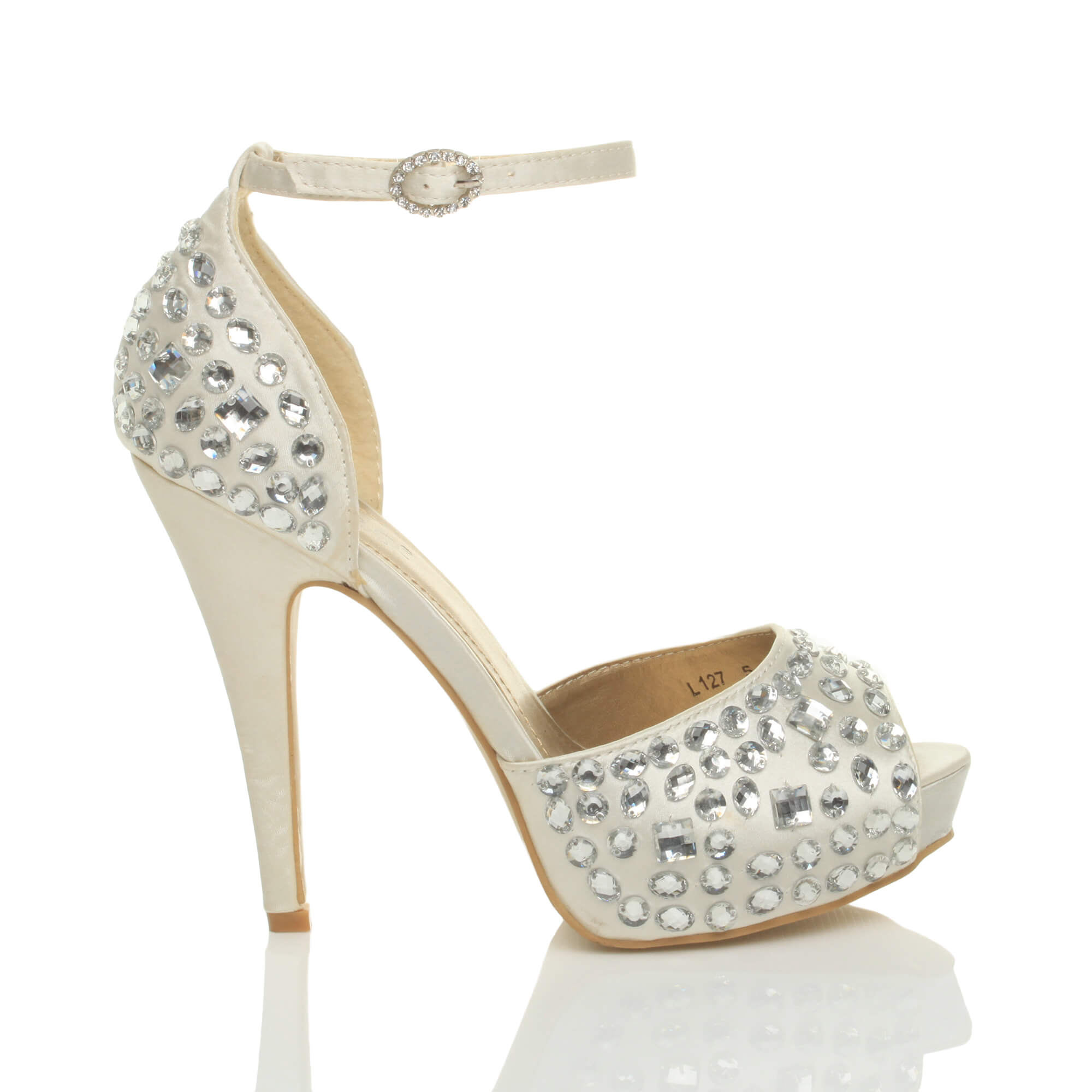 Ivory High Heel Gem Ankle Strap Peep Toe 2 Part Heels, Image 2 of 5