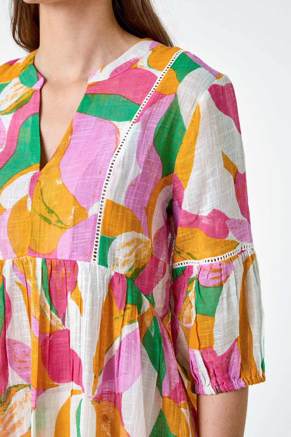 Orange Abstract Ladder Lace Cotton V-Neck Smock Top, Image 6 of 5