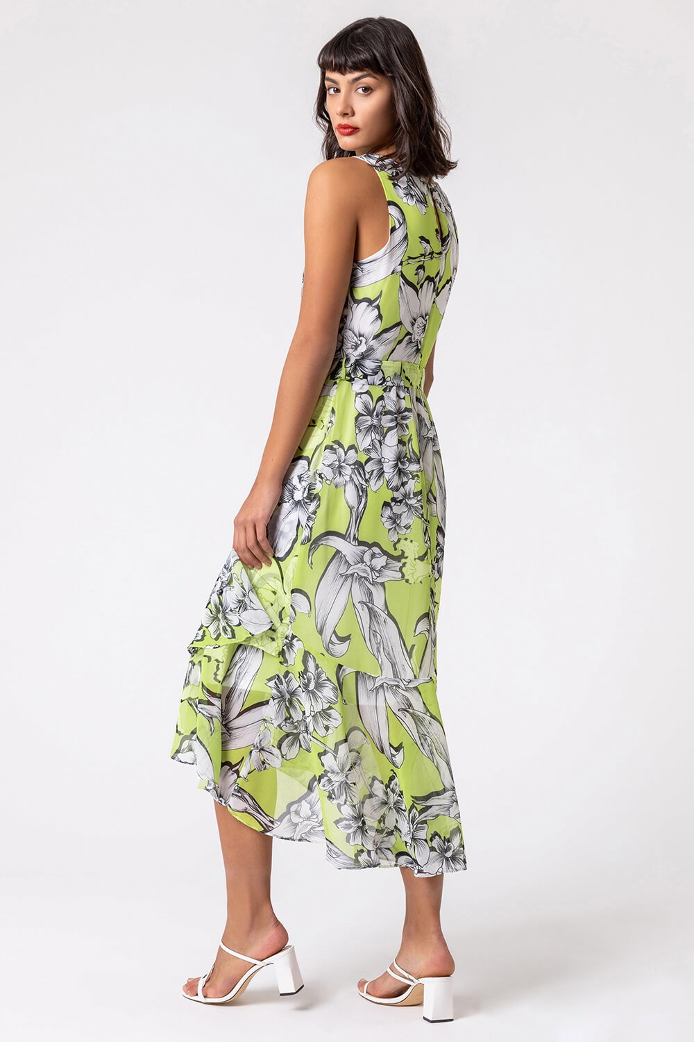 Lime Floral Tie Waist Dipped Hem Dress, Image 3 of 4