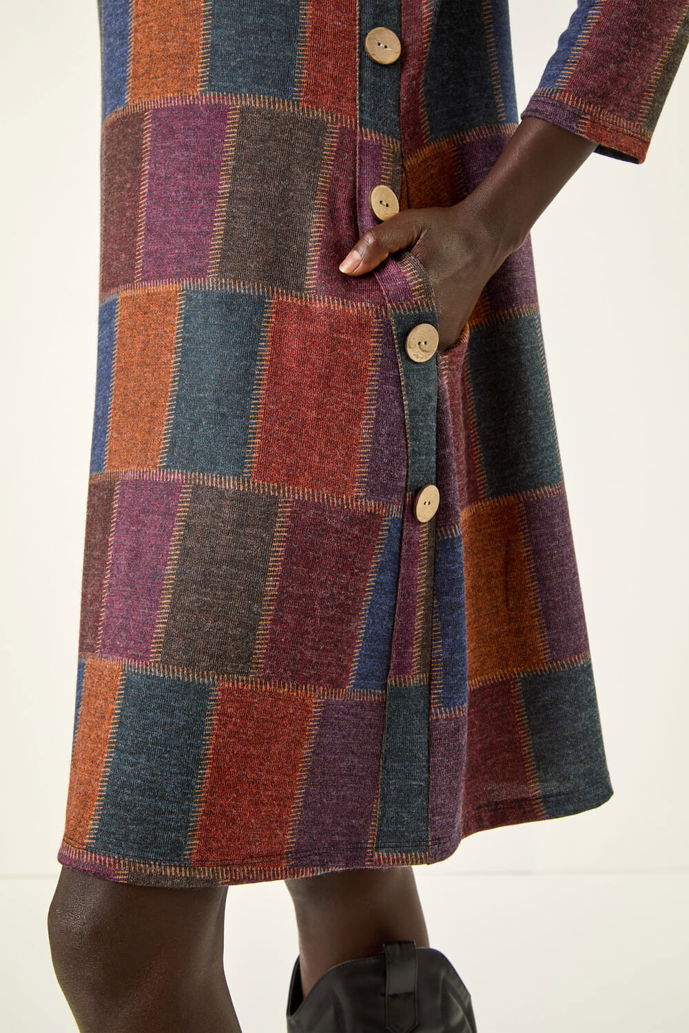 Red Patchwork Button Swing Dress, Image 6 of 5
