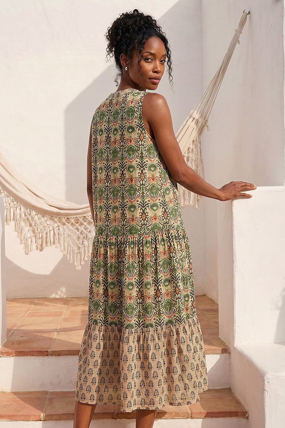 KHAKI Border Print Midi Smock Dress, Image 4 of 4