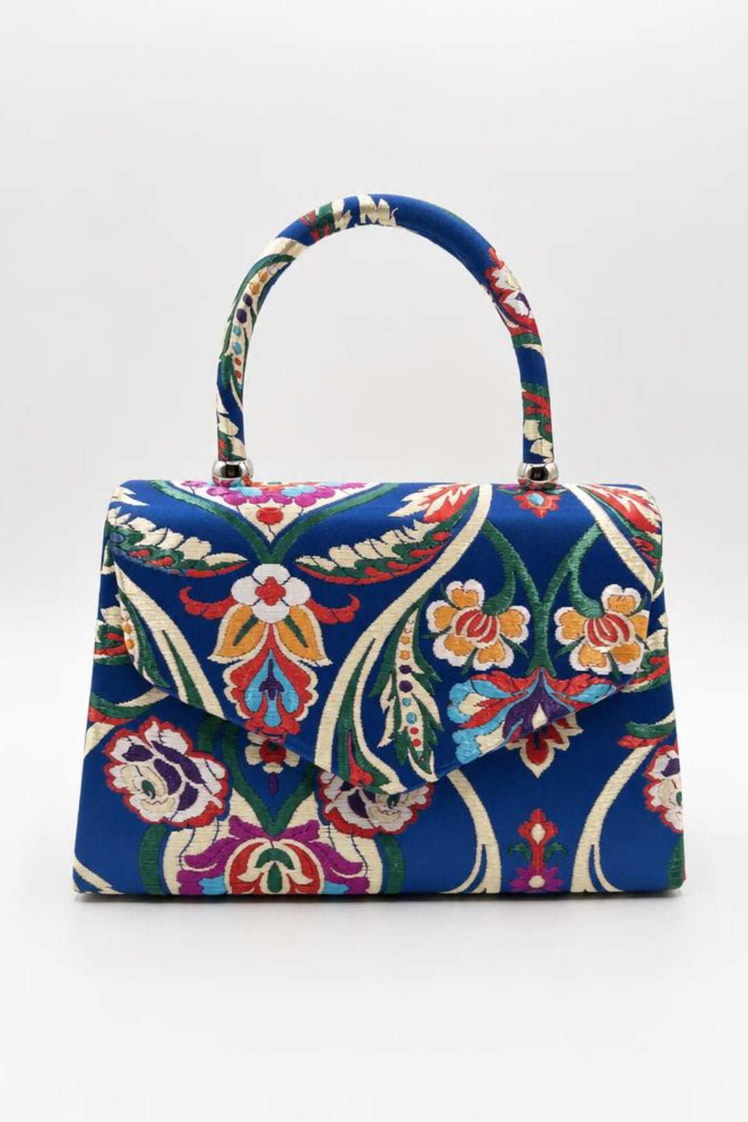 Pink Floral Satin Embroidered Top Handle Bag In Red