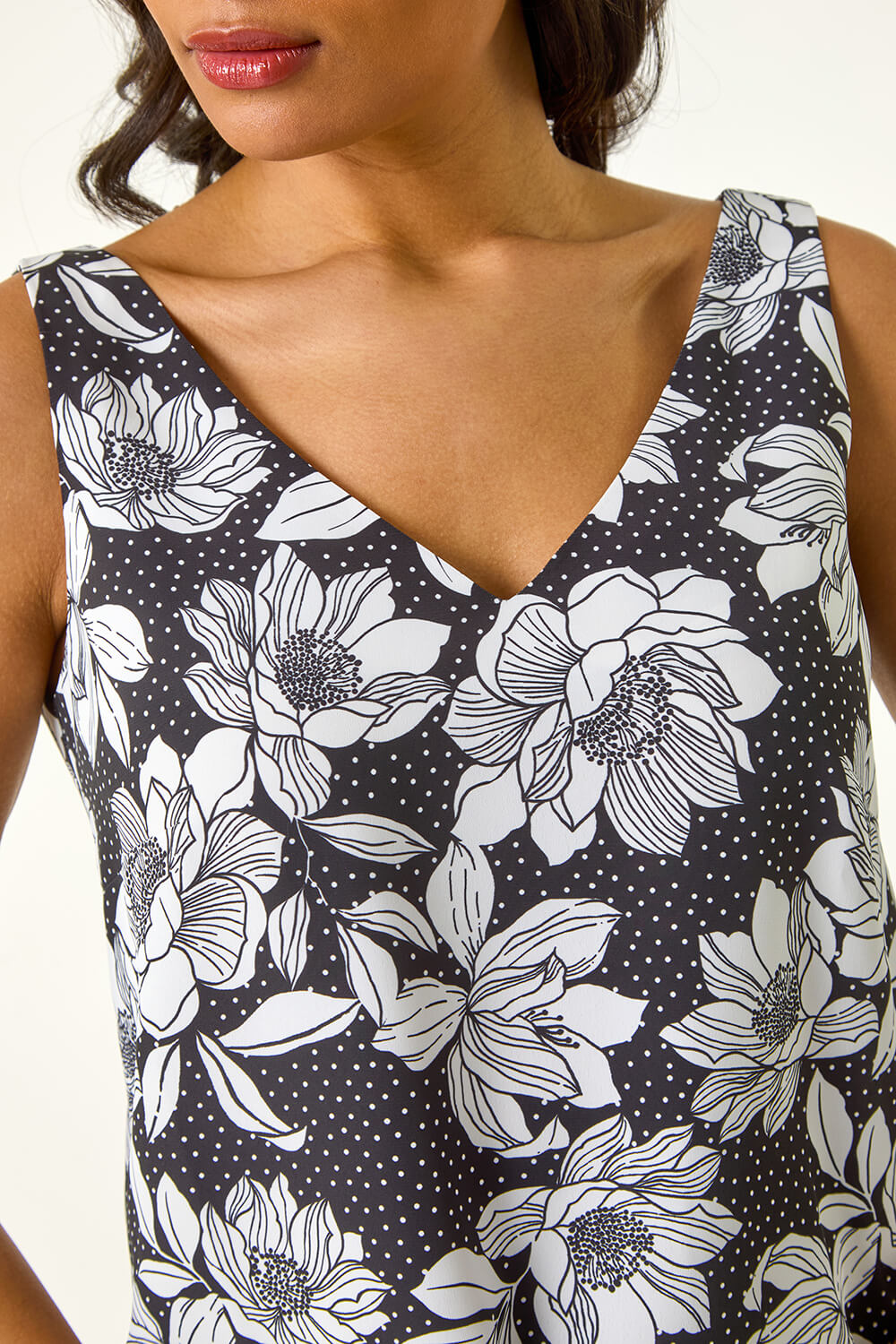 Black Mono Floral Print V-Neck Cami Top, Image 6 of 5