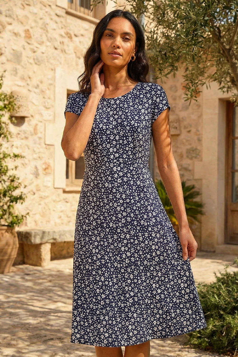 Navy Ditsy Floral Spot Tea Dress, Image 3 of 4