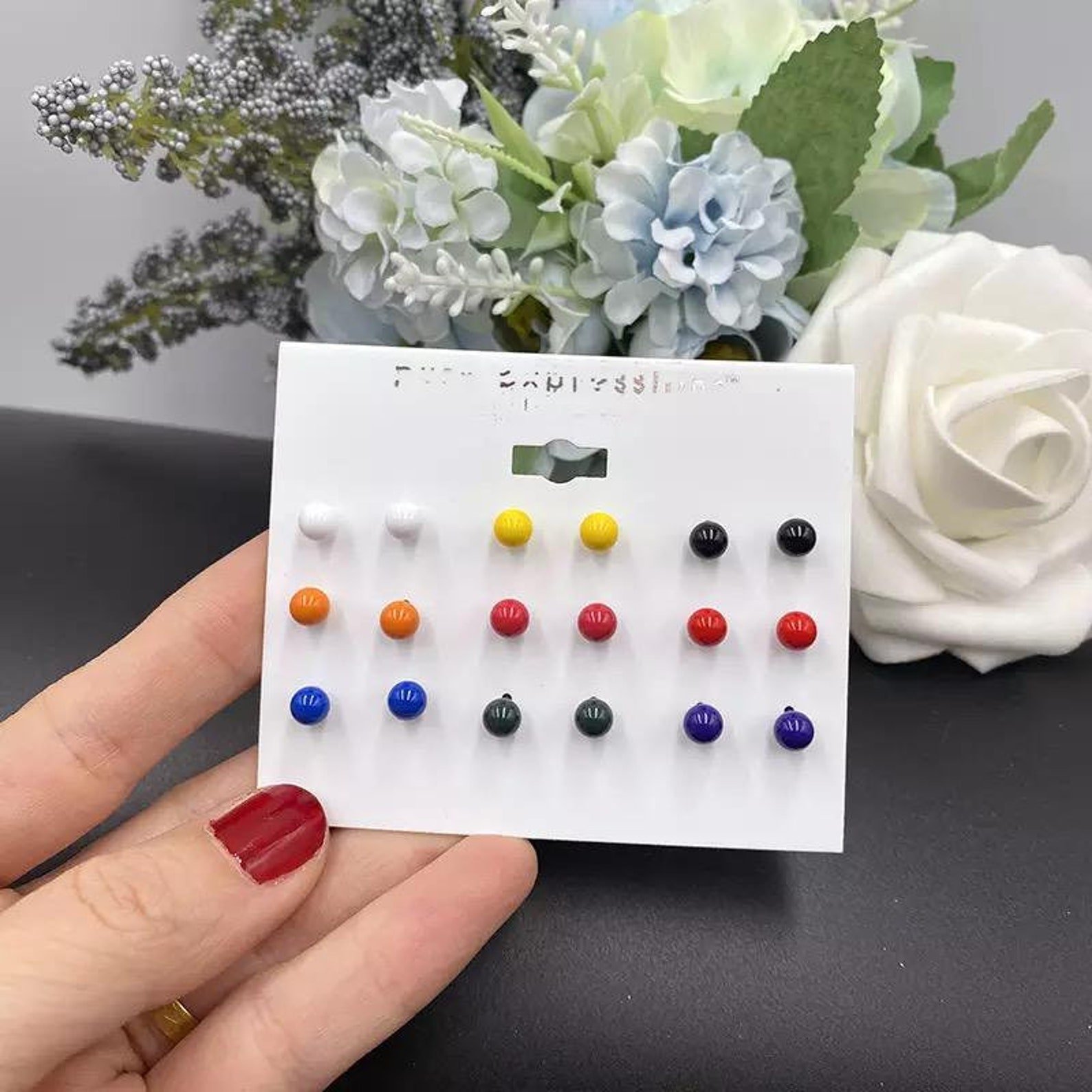 Black Multicolour Round Ball Minimalist Stud Earrings, Image 1 of 2