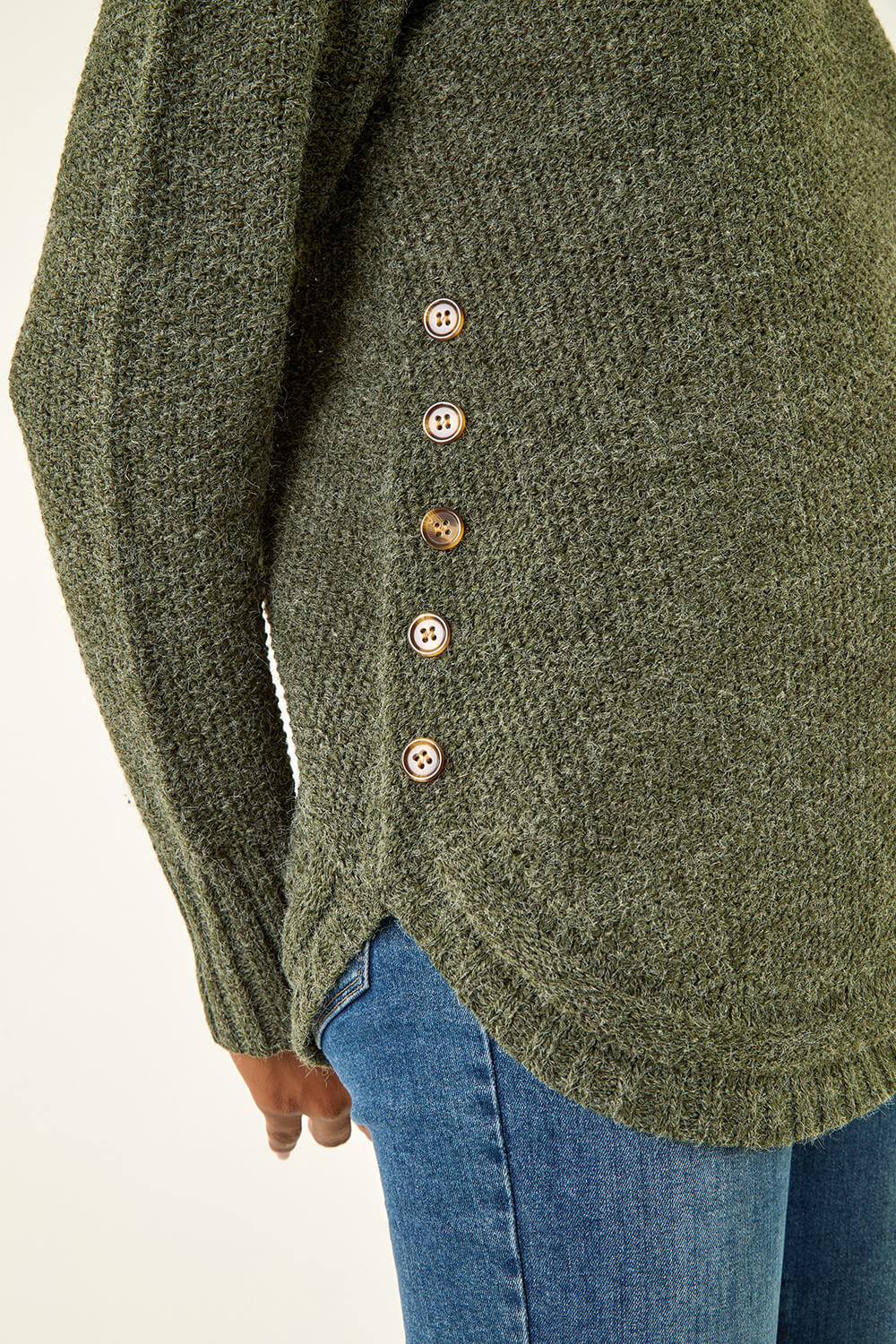 Khaki Button Detail Curved Hem Jumper, Image 7 of 6