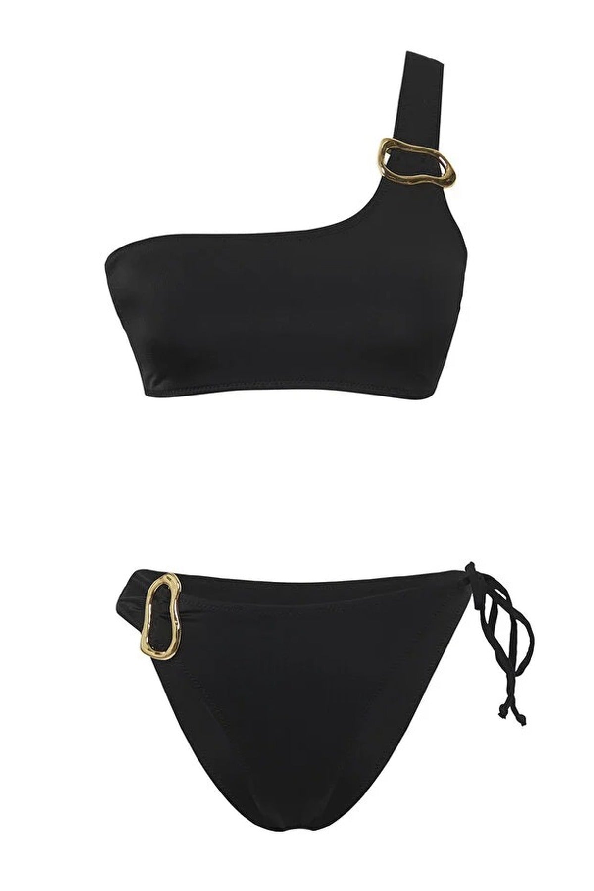 Black One Shoulder Bikini Set with Hardware Detail and Tie Side Bottom, Image 2 of 4