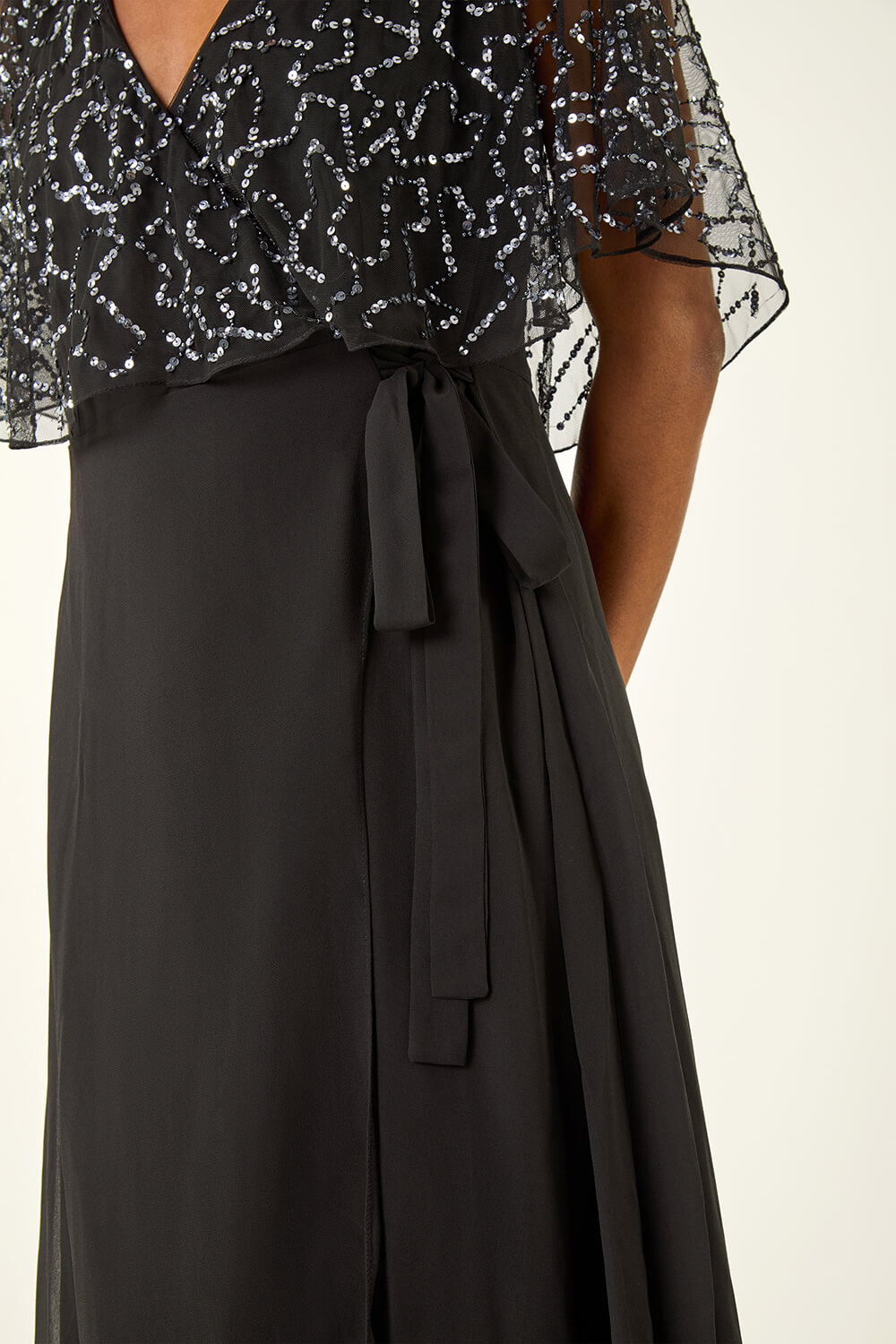 Black Sequin Chiffon Wrap Maxi Dress, Image 6 of 5