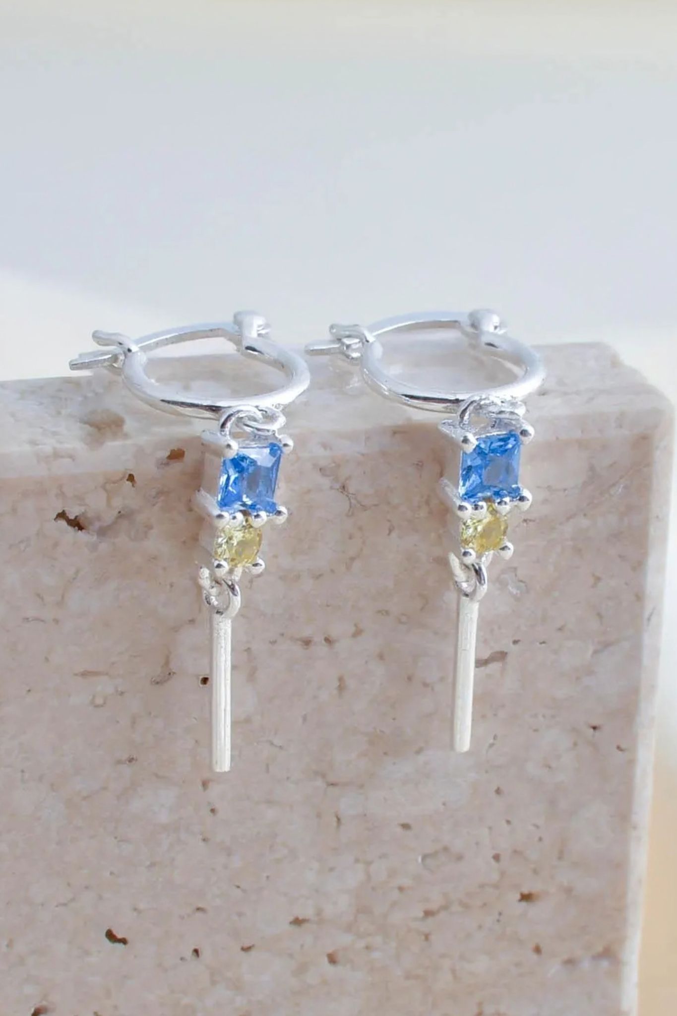 Multi Sterling Silver CZ Blue Yellow Huggie Hoops, Image 3 of 3
