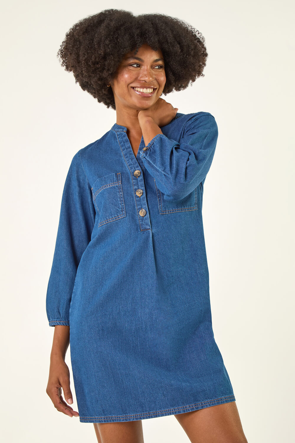 Denim Cotton Denim Button Shift Dress | Roman UK