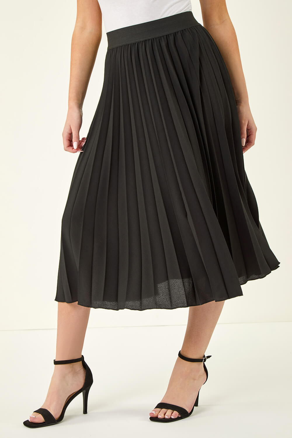 Black Petite Pleated Elastic Waist Midi Skirt, Image 1 of 5