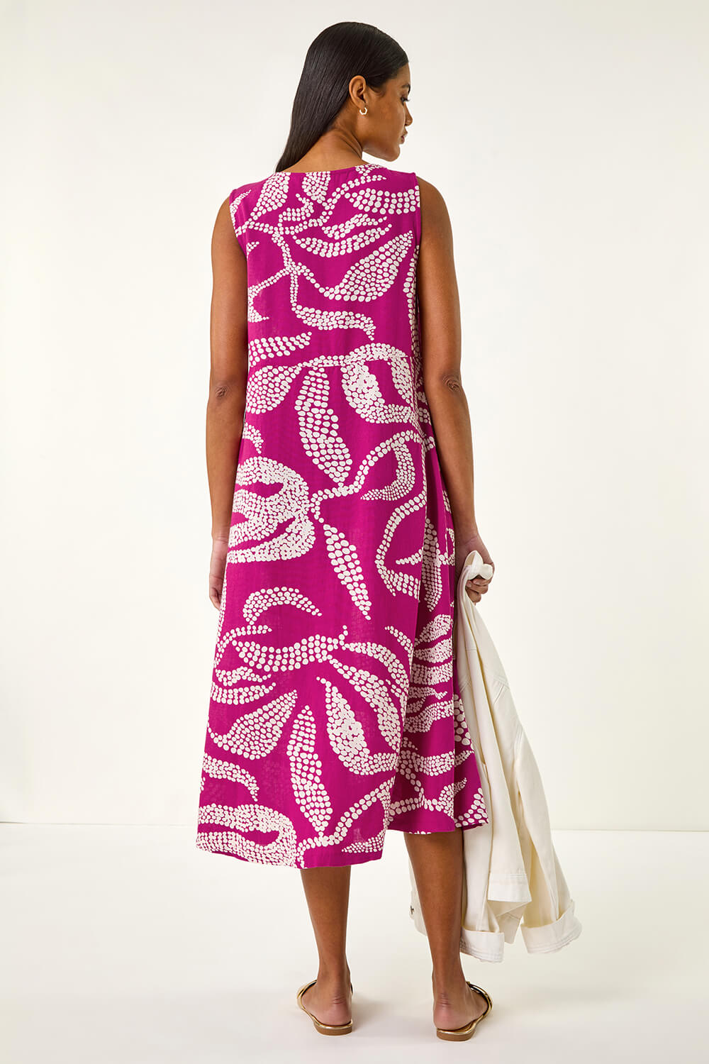Magenta Leaf Print Shift Midi Dress, Image 4 of 5