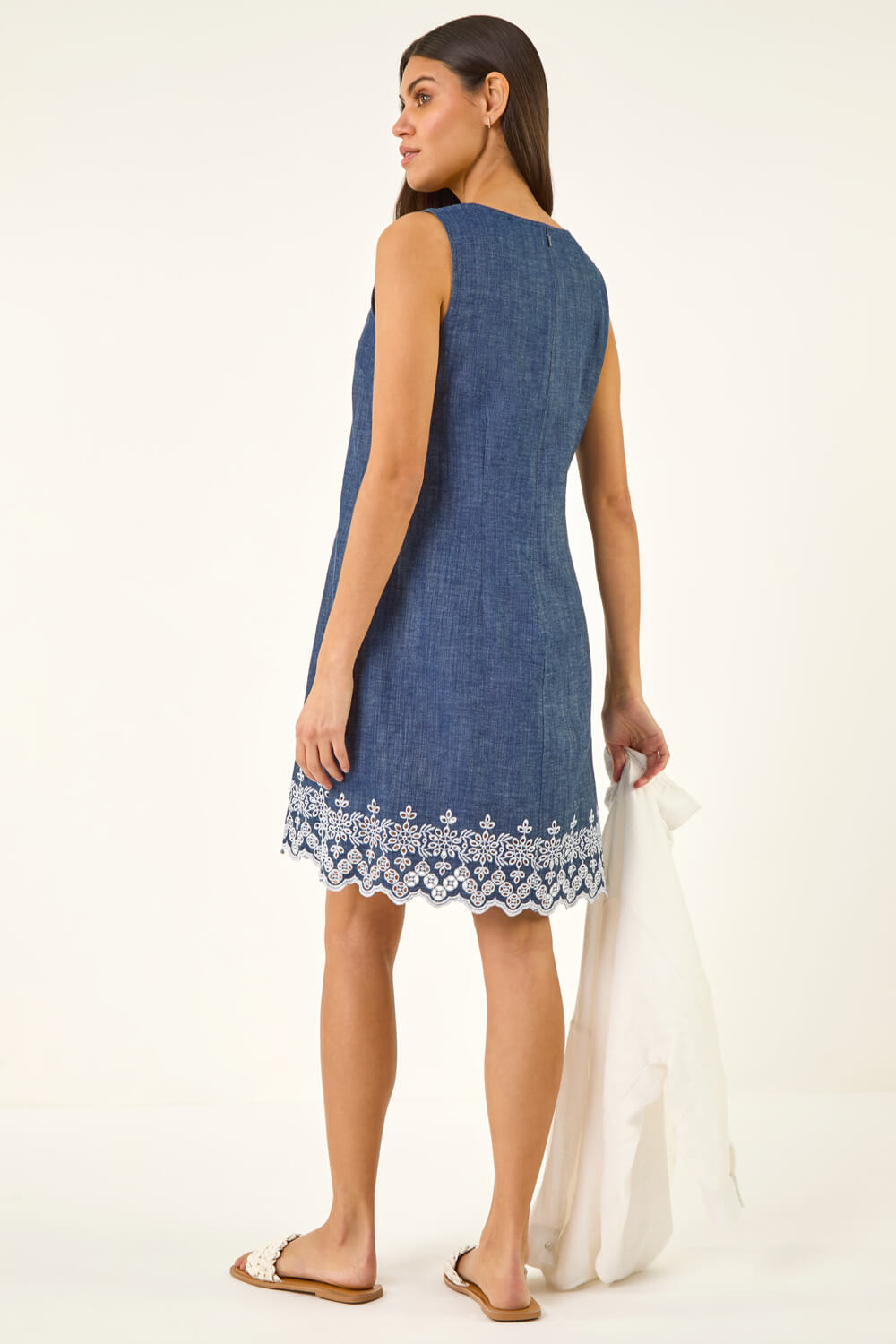 Denim Embroidered Hem Smock Dress
