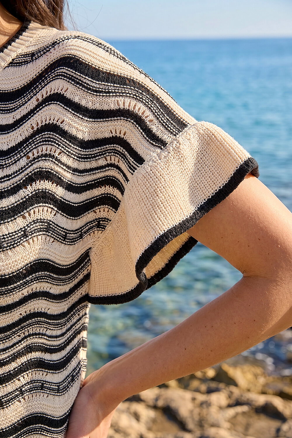 Ivory Stripe Wave Frill Knit Top, Image 5 of 4