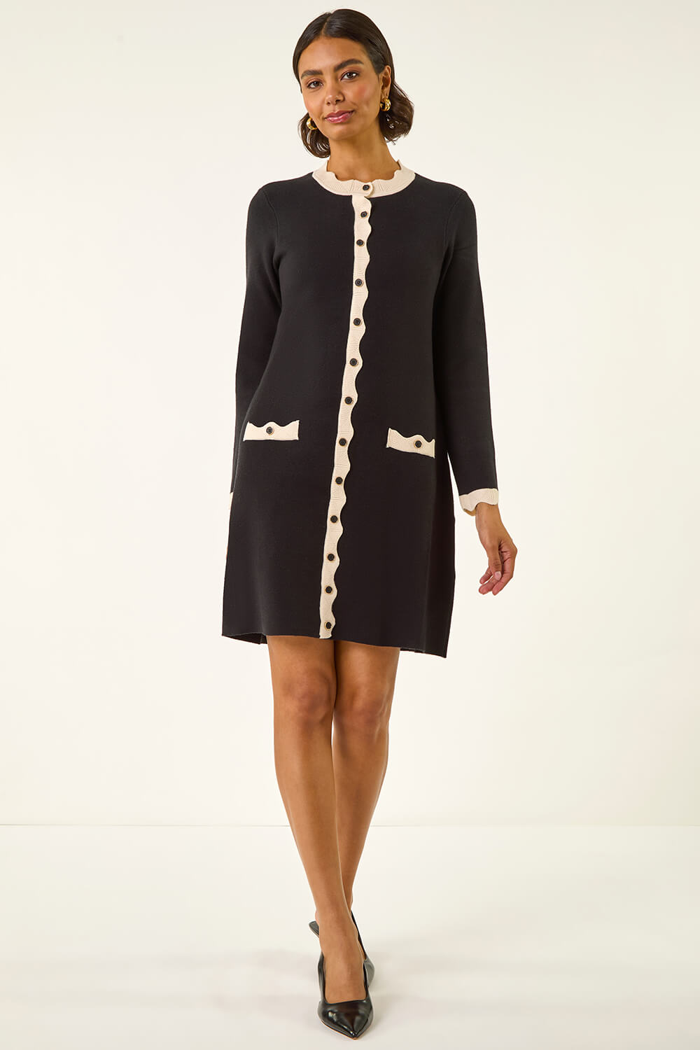 Black Scalloped Button Down Knit Dress, Image 4 of 6