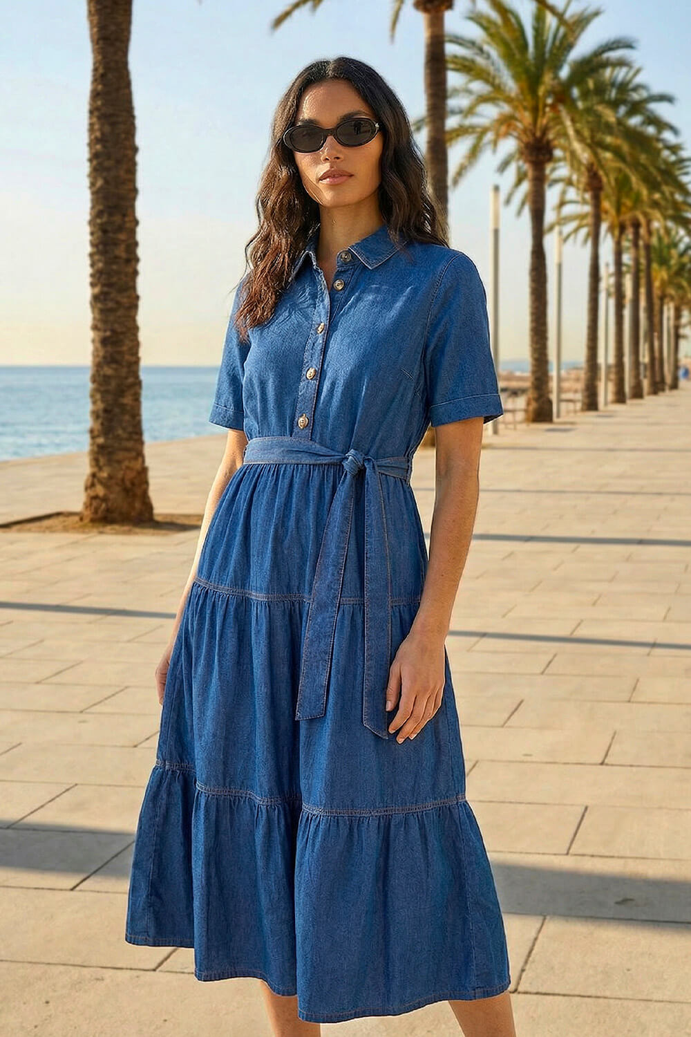 Denim Button Detail Tiered Midi Dress, Image 3 of 4