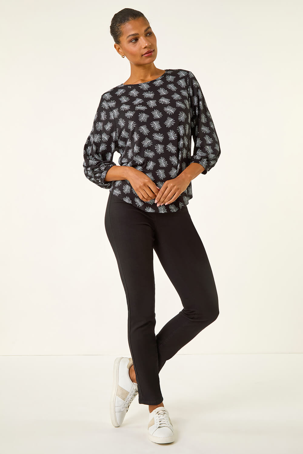 Black Abstract Print Stretch Top, Image 3 of 5