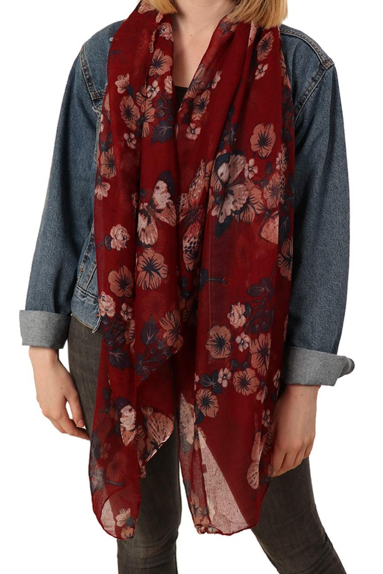 Burgundy Large Butterfly Print Lightweight Scarf, Image 1 of 3