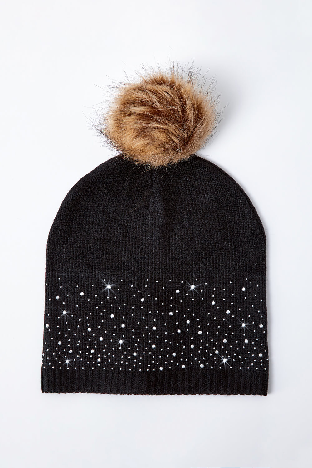 Black Diamante Pom Pom Beanie Hat, Image 6 of 5