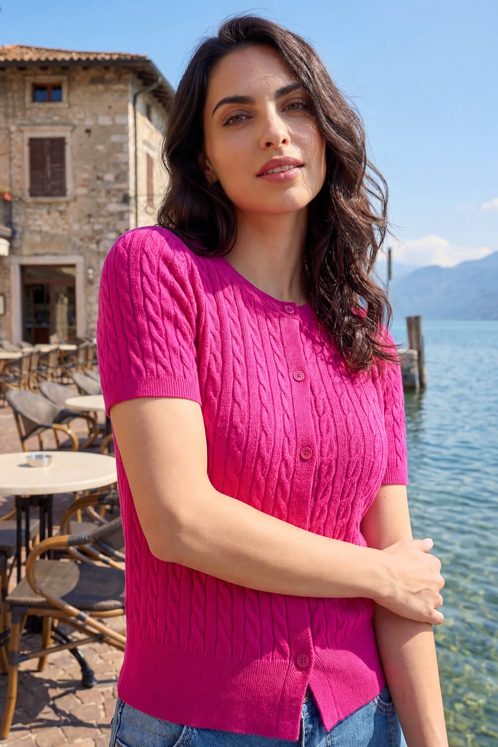 MAGENTA Cable Knit Buttoned Top, Image 1 of 4