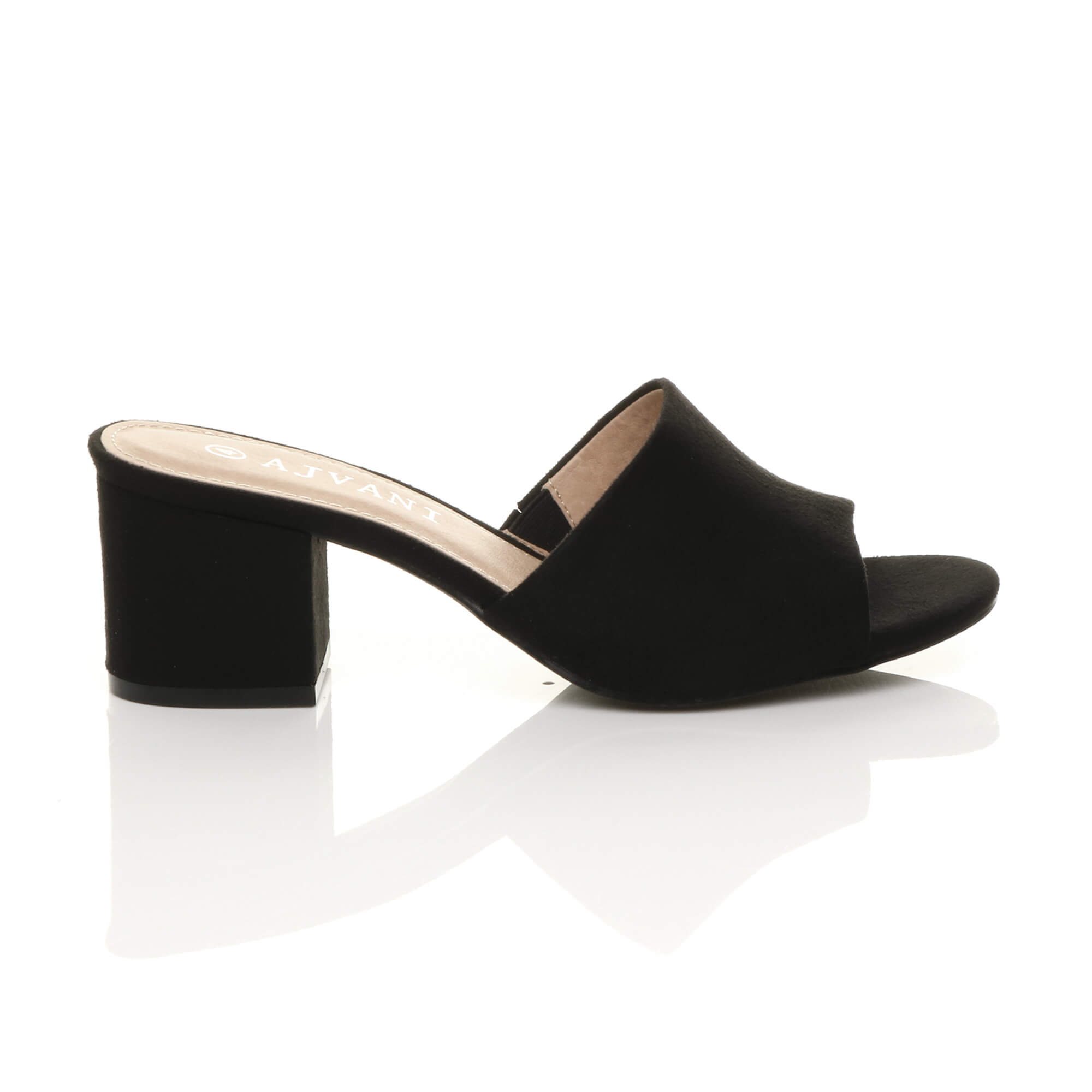 Black AJVANI Black Mid Block Heel Peep Toe Mules Sandals, Image 2 of 6