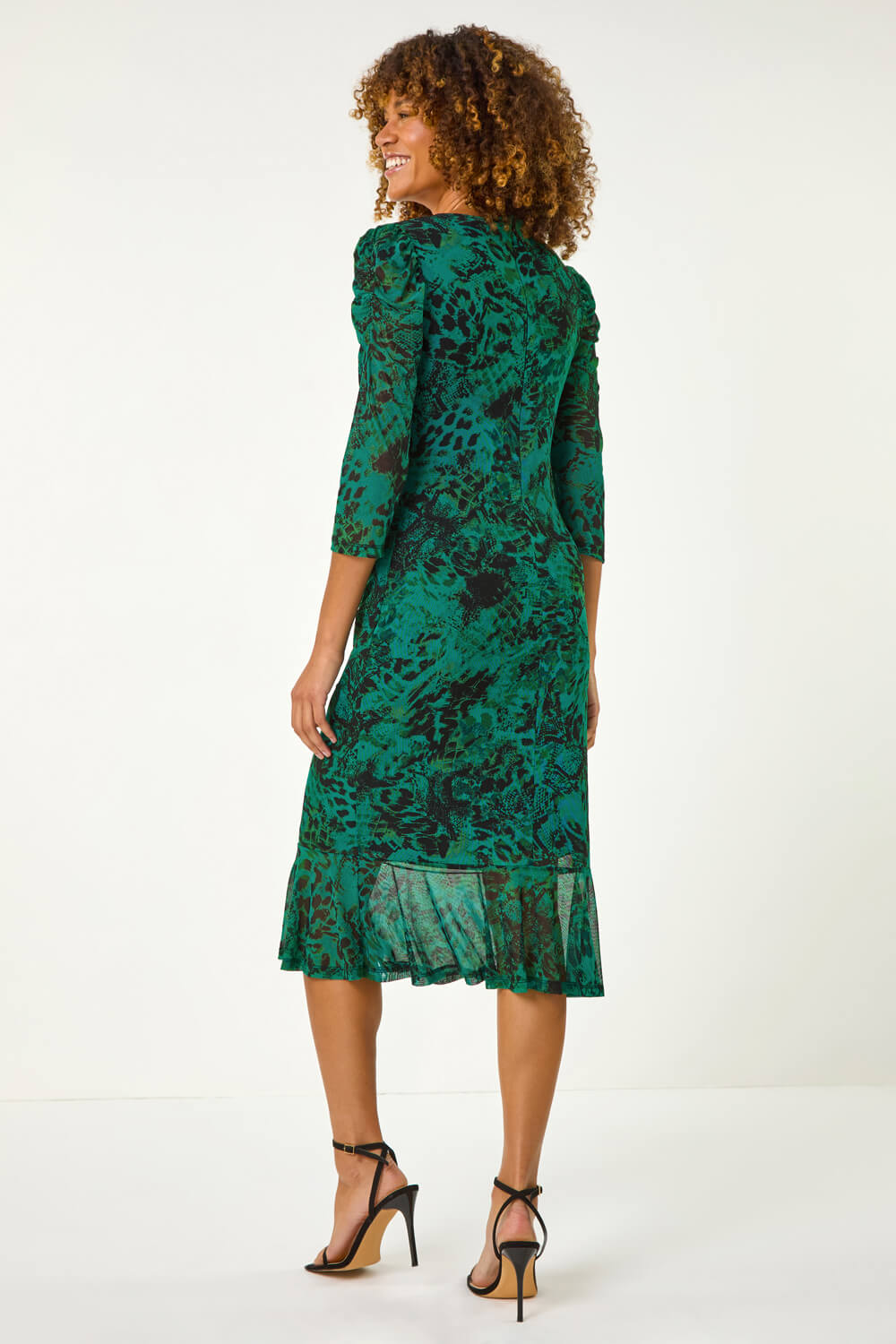 Green Printed Mesh Midi Dress, Image 4 of 5