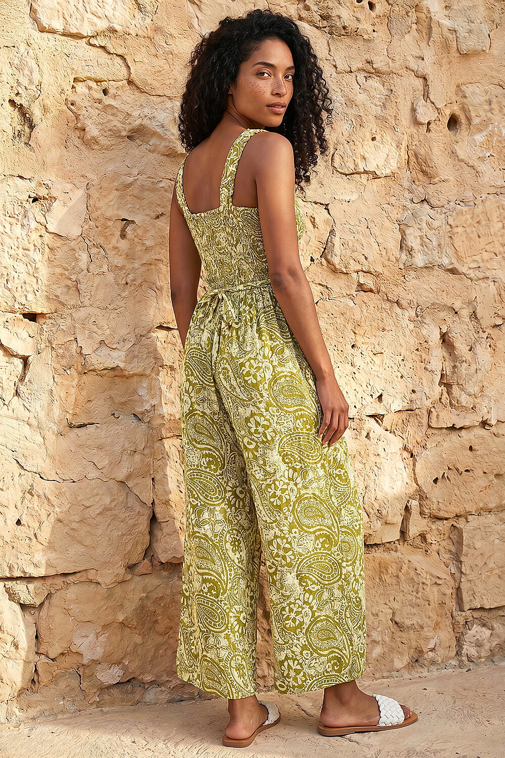 Green Paisley Print Cropped Jumpsuit, Image 3 of 4
