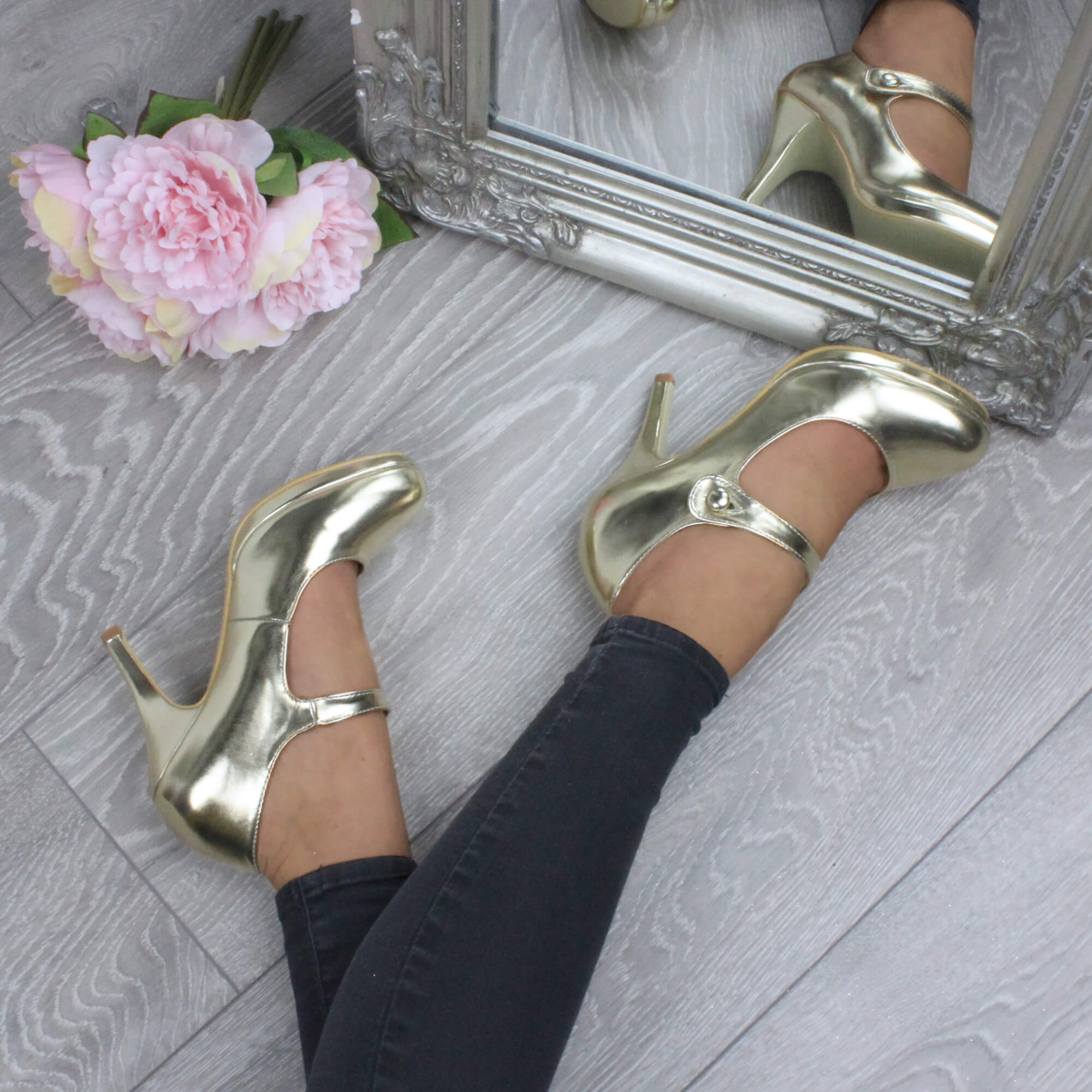 Gold AJVANI Gold High Heel Mary Jane Court Shoes, Image 5 of 6