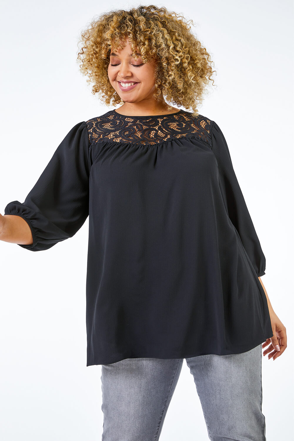 Black Curve Lace Panel Stretch Top, Image 1 of 5