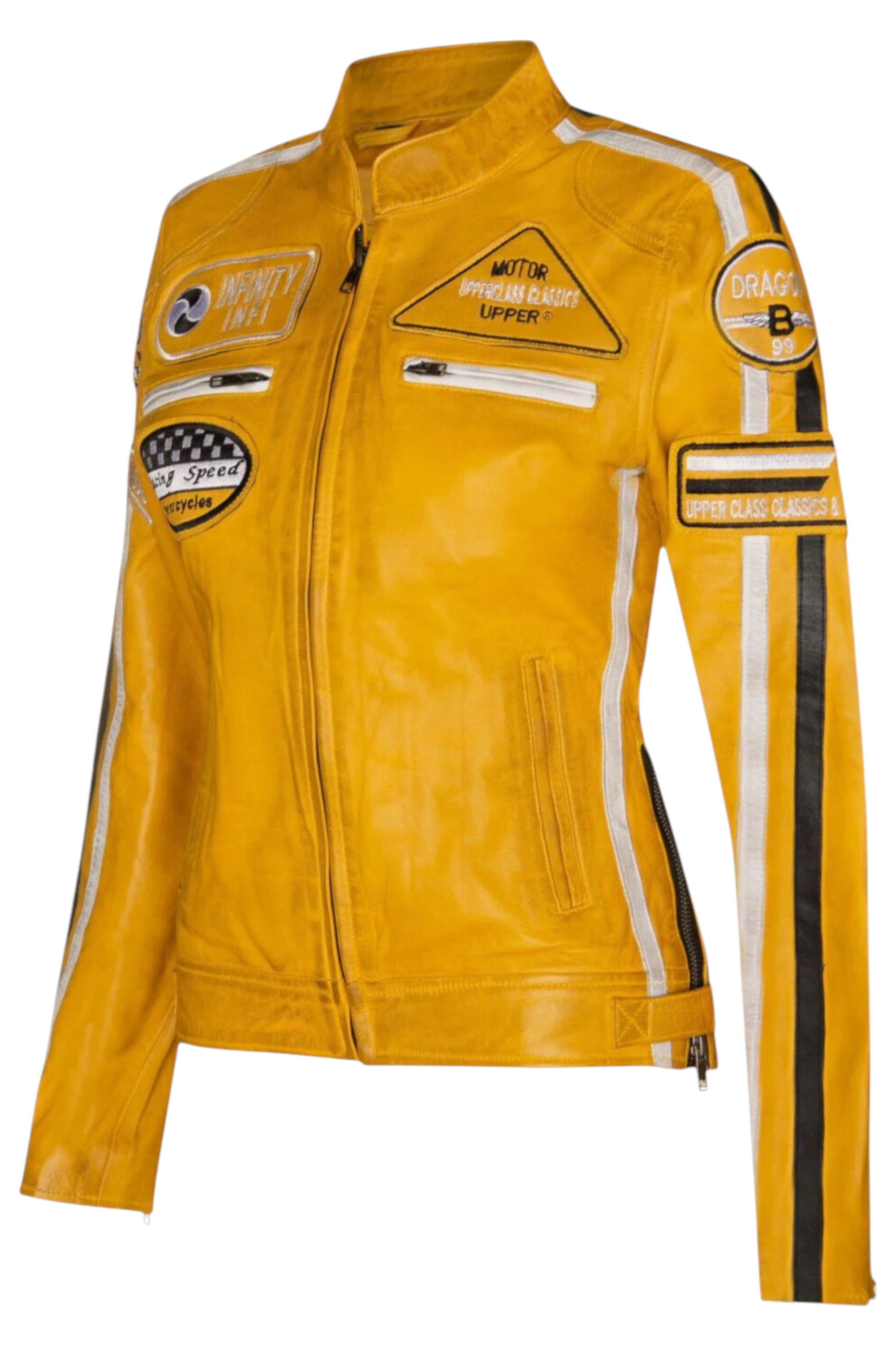 Yellow Infinity Leather Yellow Biker Racing Badges Leather Jacket, Image 2 of 5