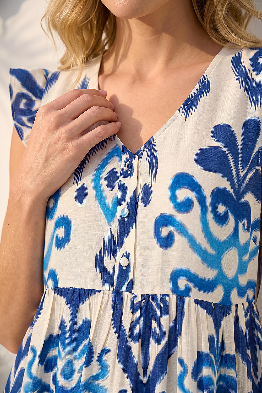 Navy Abstract Print Frill Detail Midi Dress , Image 5 of 4