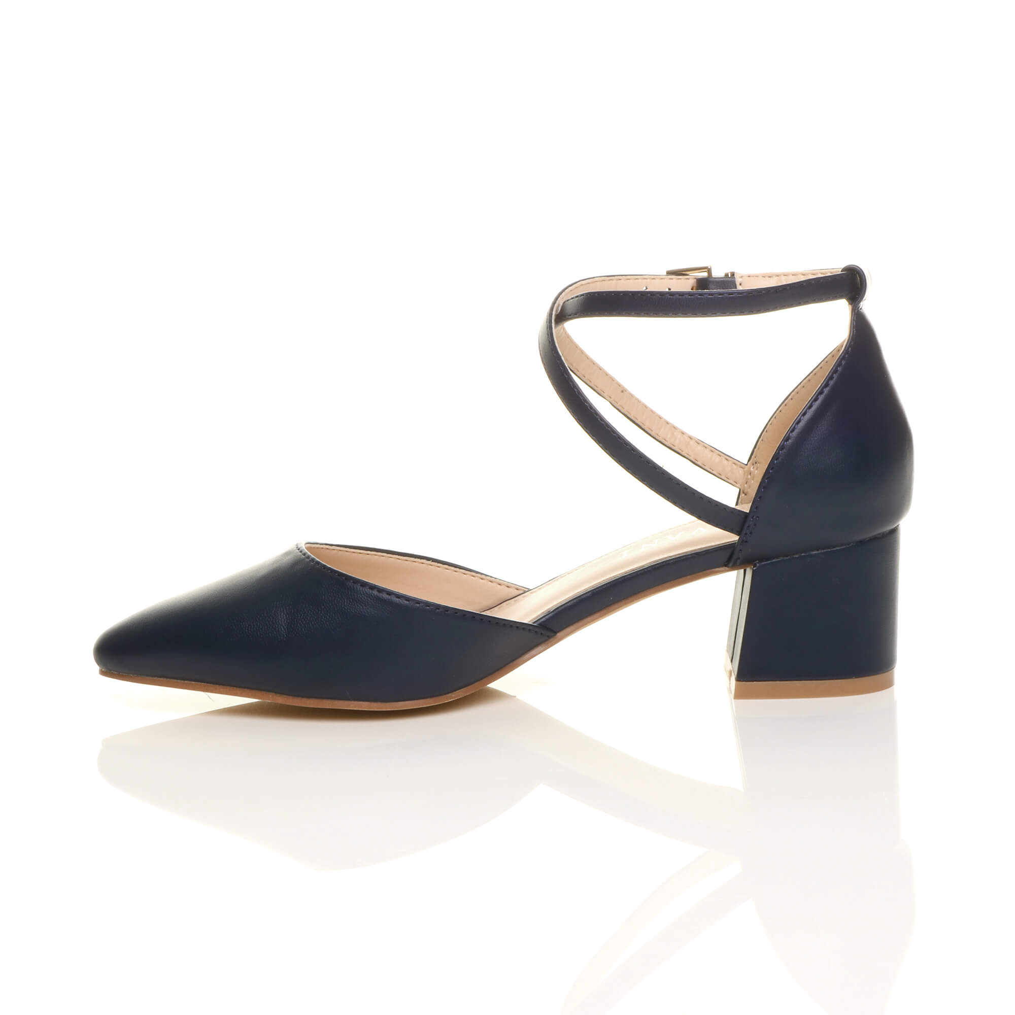 Navy Blue AJVANI Navy Blue Mid Block Heel Crossed Strap Pointed Toe 2 Part Heels, Image 3 of 6