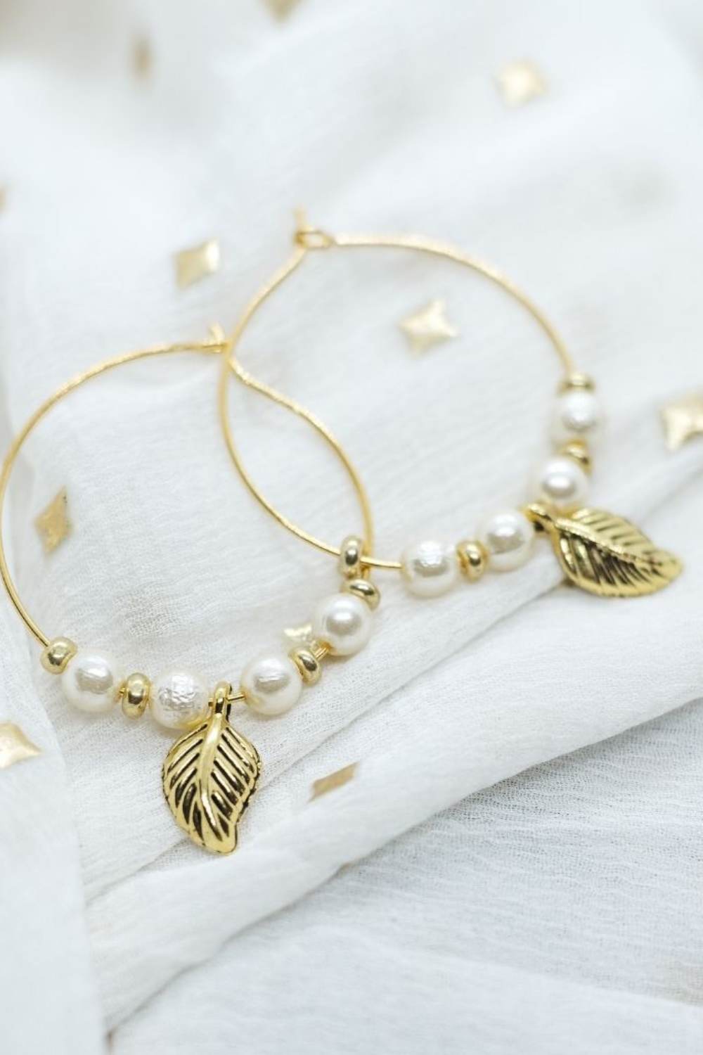Gold Gold Plated 30mm White Beaded Dangle Leaf Huggie Hoop Earring, Image 3 of 3
