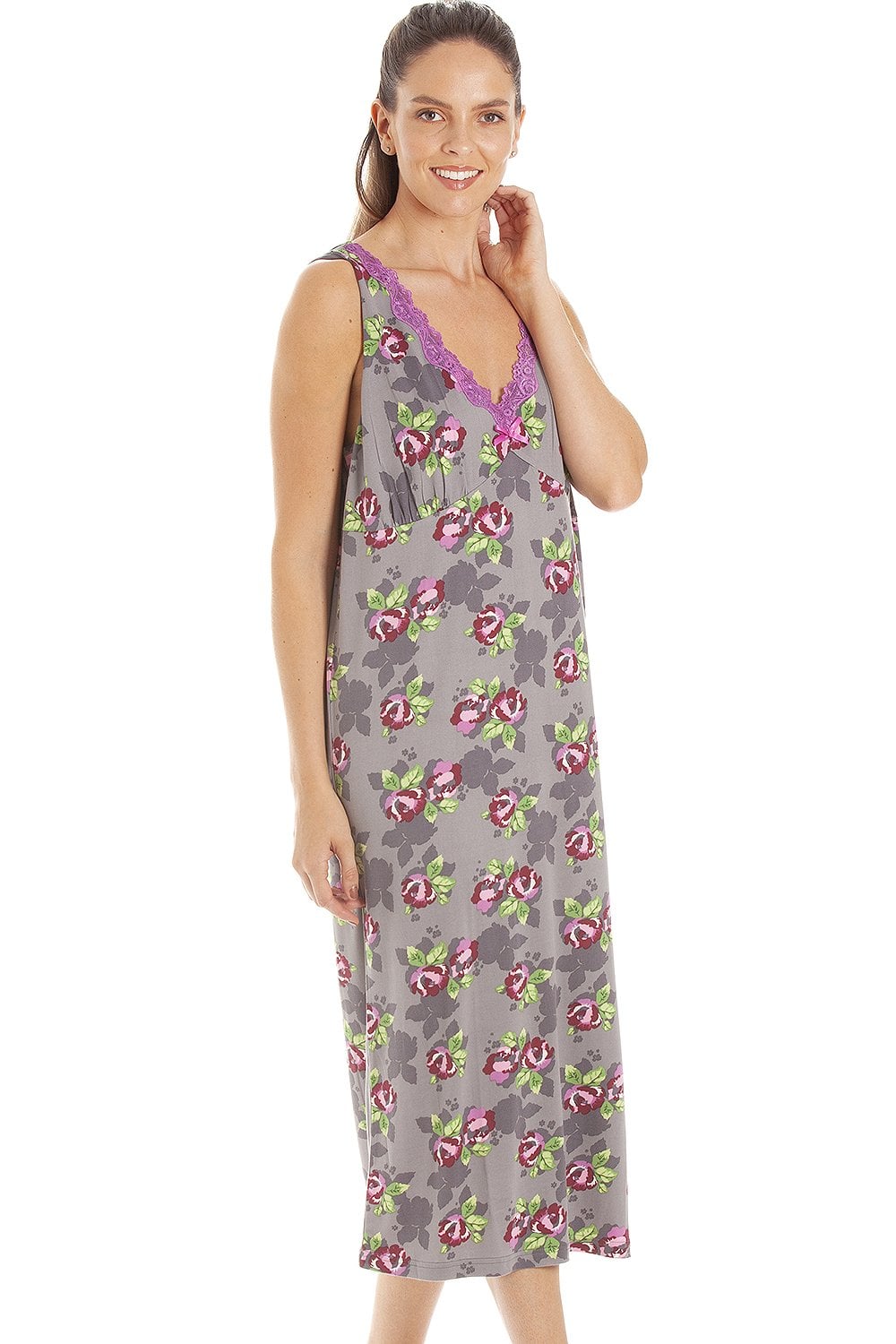 Grey Camille Lingerie Grey Floral Print Spandex Knee Length Chemise, Image 2 of 5