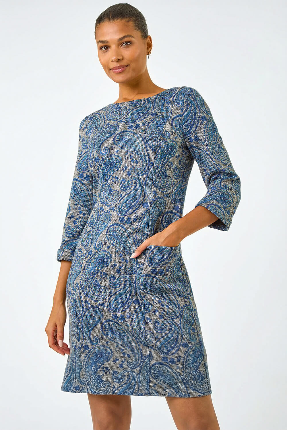 Blue Paisley Print Pocket Shift Stretch Dress, Image 3 of 5