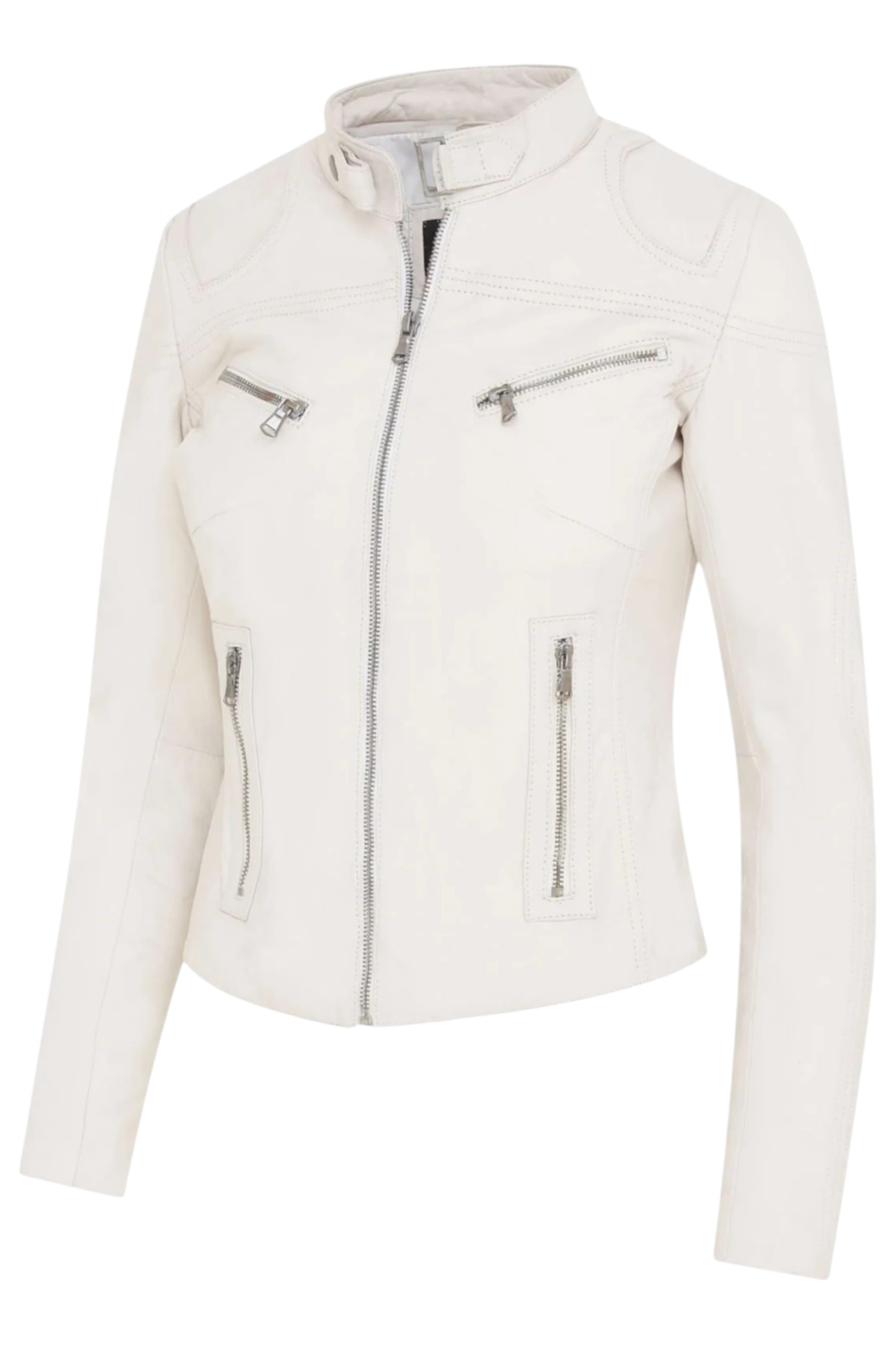 White Slim-Fit Leather Biker Jacket-Maldon, Image 2 of 4
