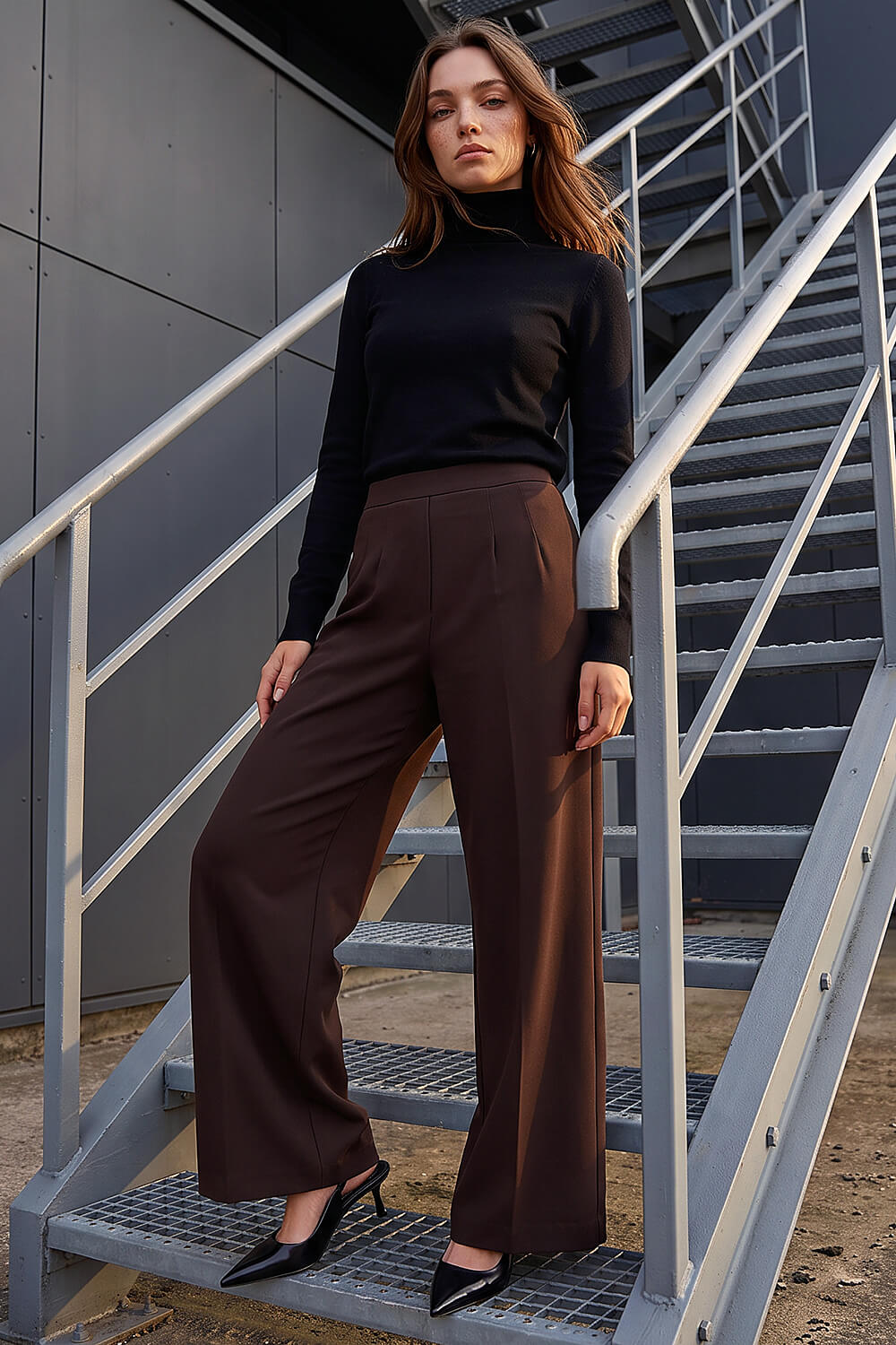Roman Petite Women's Chocolate Wide Leg Ponte Stretch Trouser Size 18