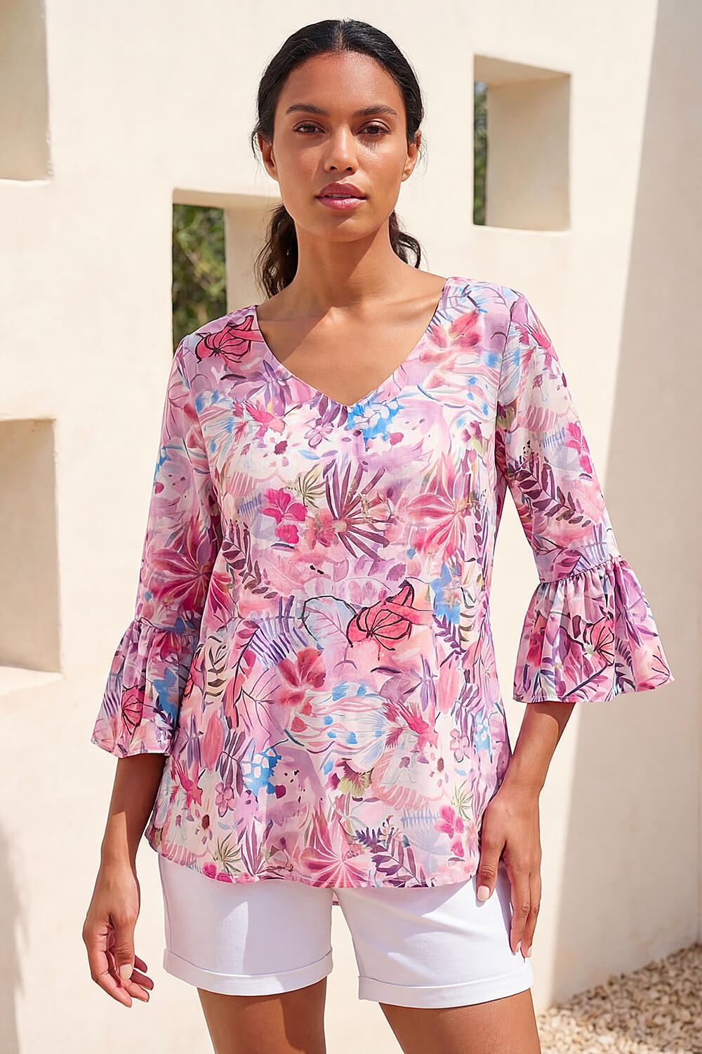Roman Women's Pink Floral Flare Sleeve Top Size 16