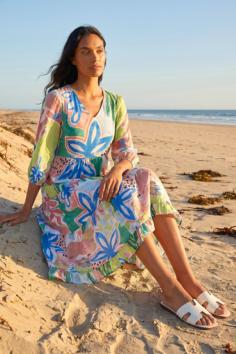 Blue Abstract Print Tiered Dress, Image 3 of 4