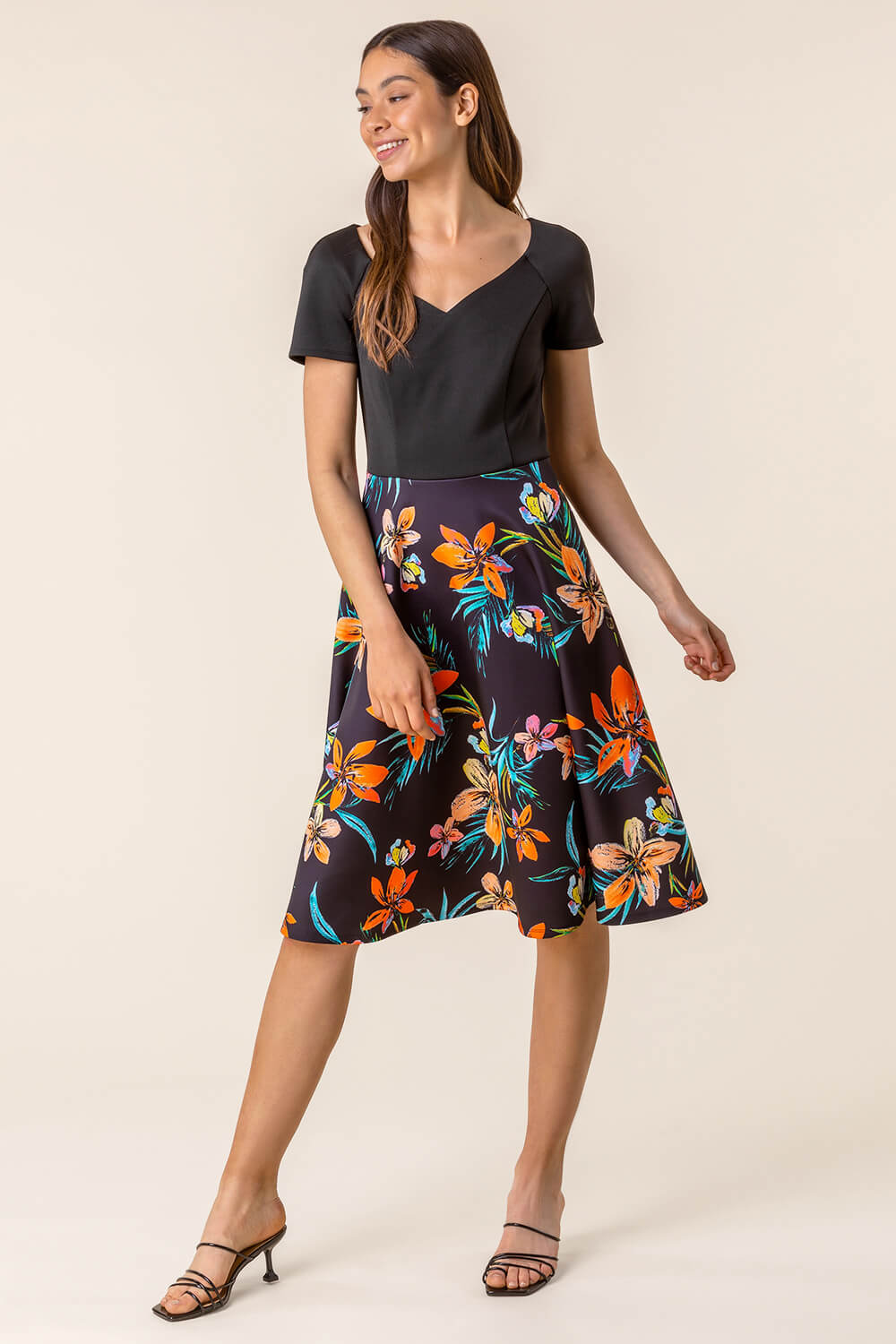 Black Tropical Print Fit & Flare Dress, Image 4 of 4